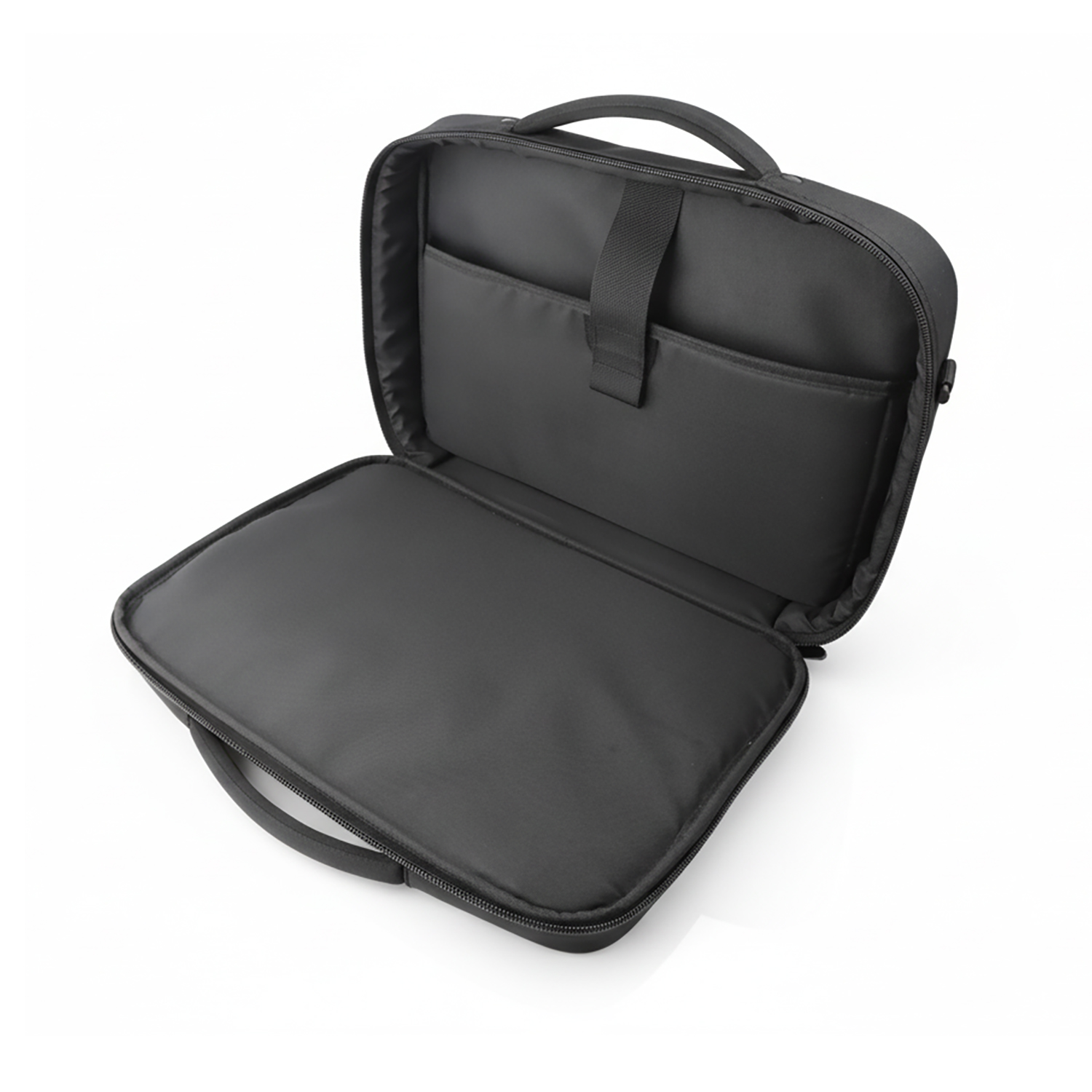 Geöffnete schwarze 4smarts Target Clamshell Notebook-Tasche 13–14 Zoll mit gepolstertem Innenfach und umlaufendem Reißverschluss
