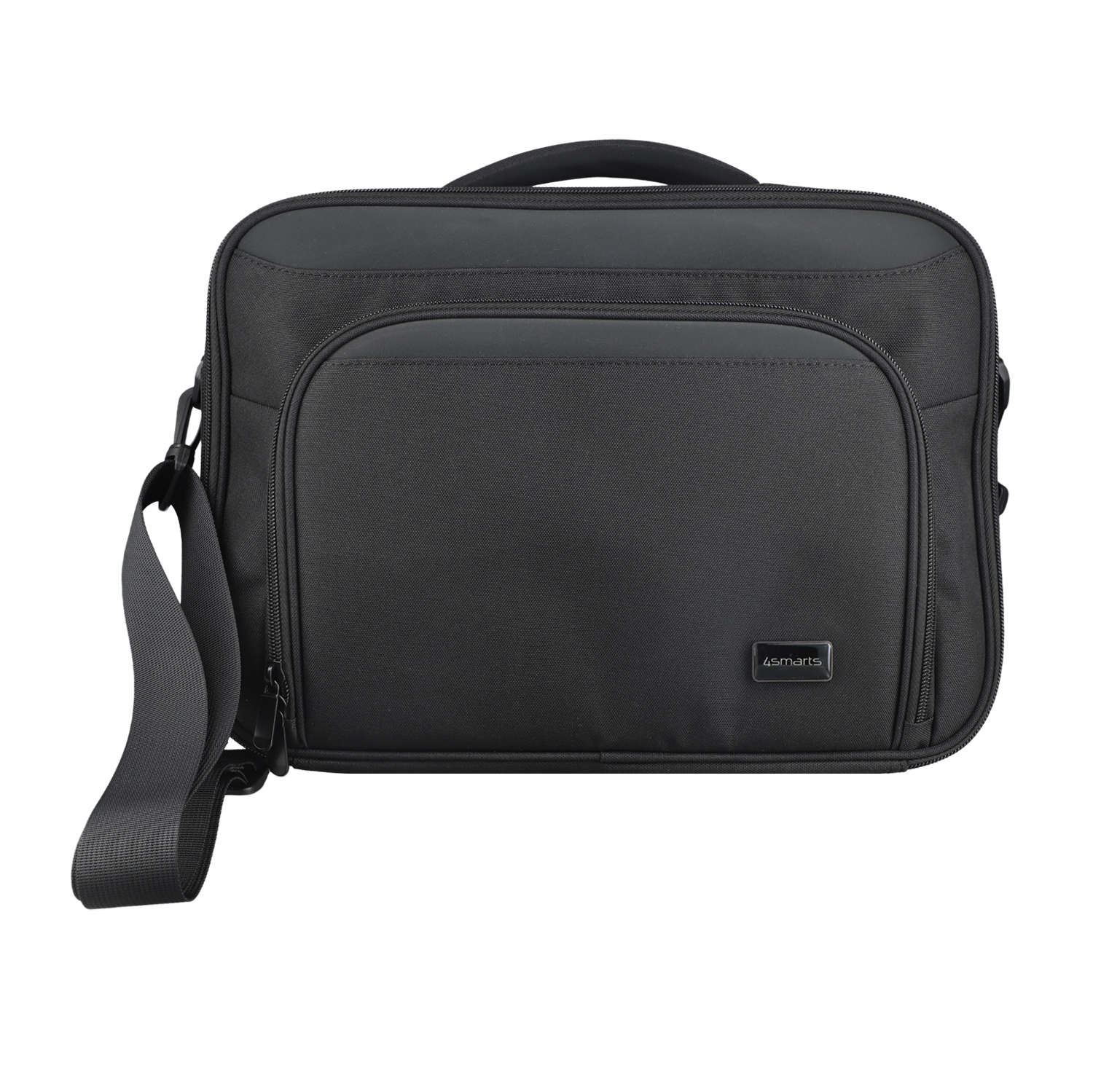 Black 4smarts Target Clamshell notebook bag for 15–16 inch devices, front view with front zip pocket and carry handle
