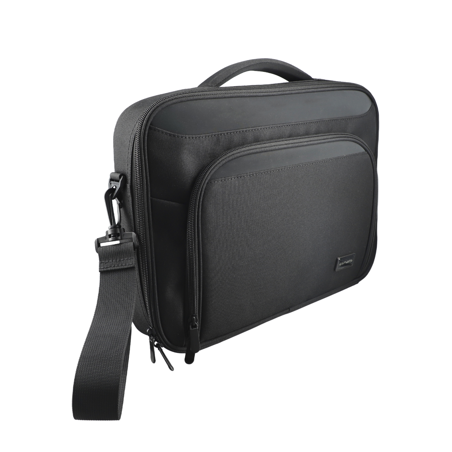 Black 4smarts Target Clamshell notebook bag for 15–16 inch devices in angled view with carry handle and zipper
