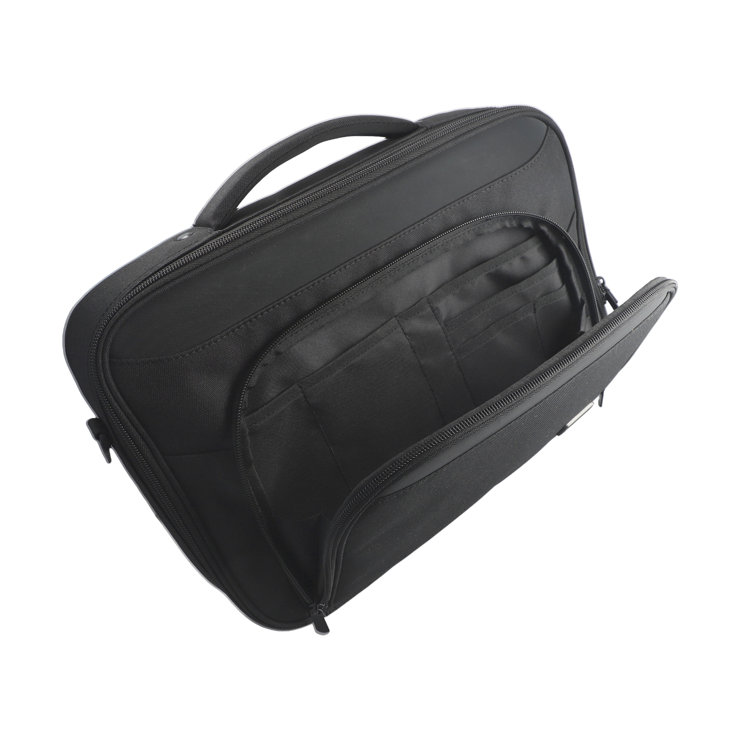 Open black 4smarts Target Clamshell notebook bag for 15–16 inch devices with front pocket, organizer compartments, and zipper
