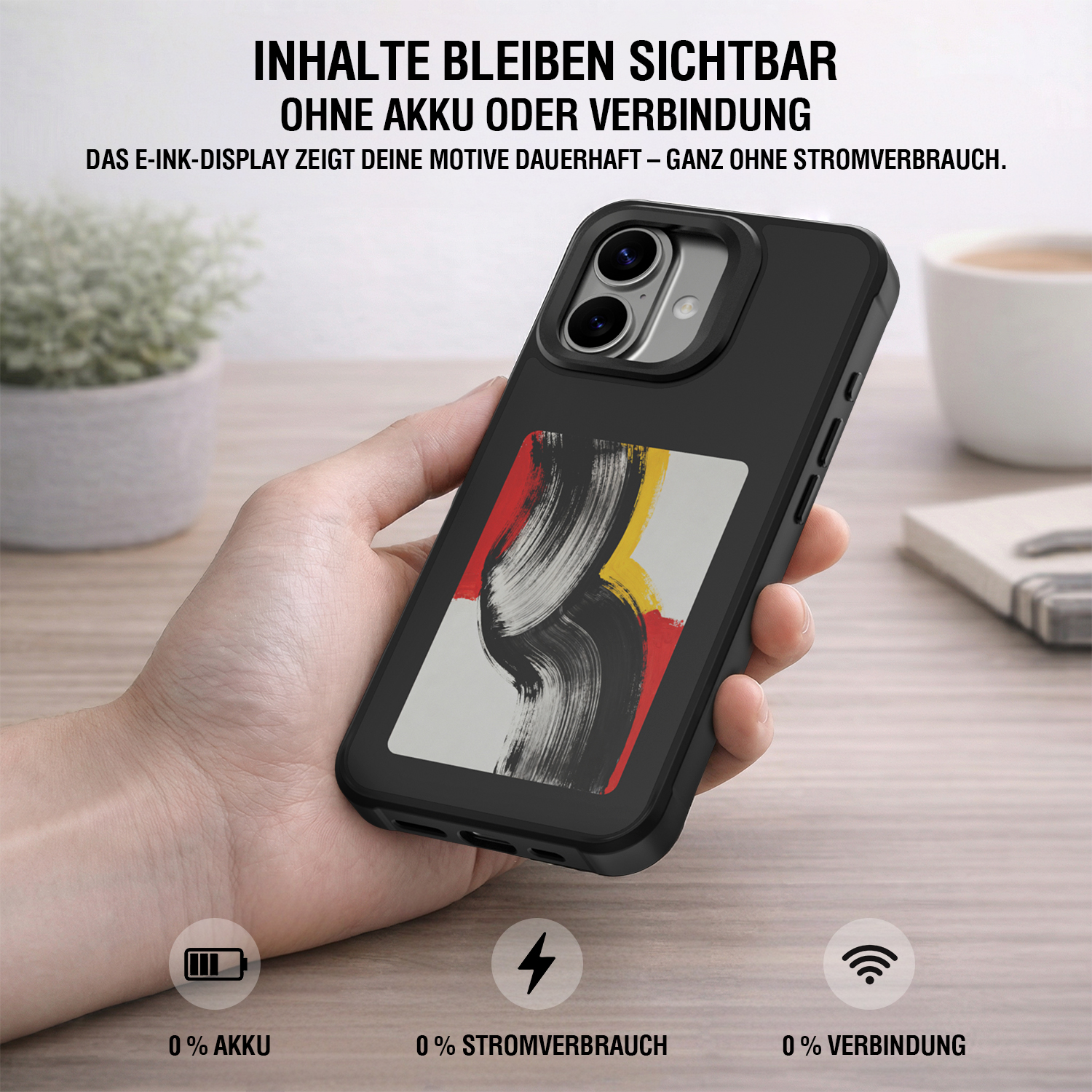Smartphone-Hülle mit E-Ink-Display auf der Rückseite, dauerhaft sichtbares Motiv ohne Akku, Stromverbrauch oder Verbindung.
