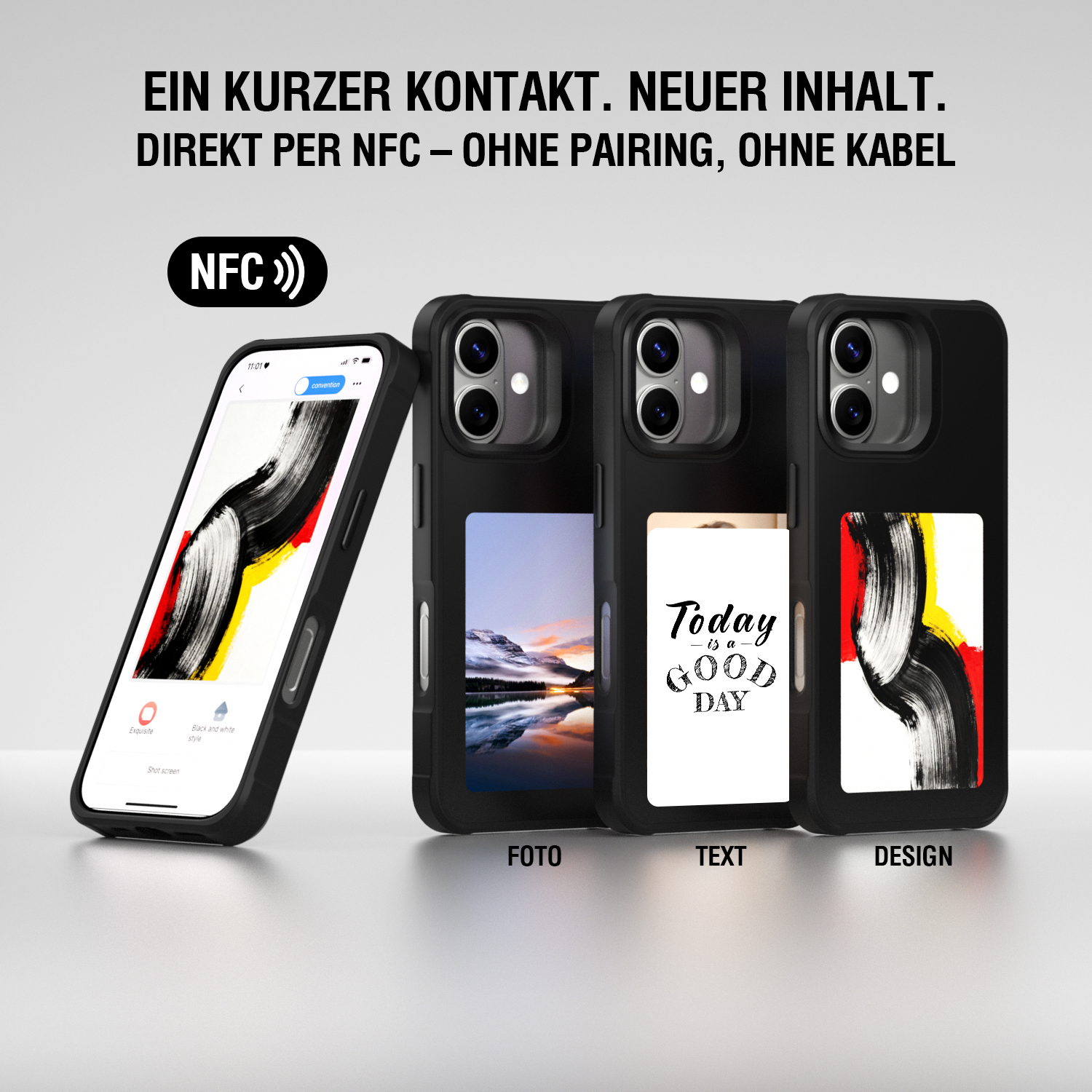 Mehrere Smartphone-Hüllen mit E-Ink-Display, Inhalte per NFC aktualisierbar ohne Pairing oder Kabel.
