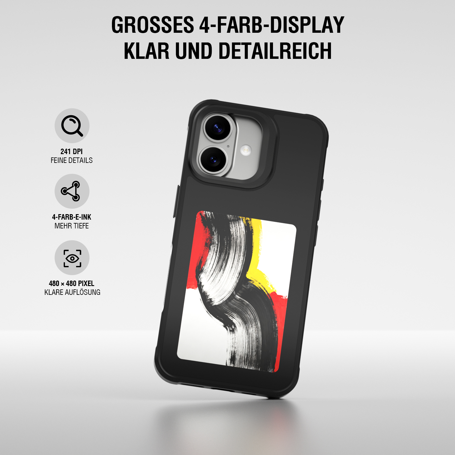 Smartphone-Hülle mit großem 4-Farb-E-Ink-Display auf der Rückseite, 480 × 480 Pixel Auflösung und 241 DPI.
