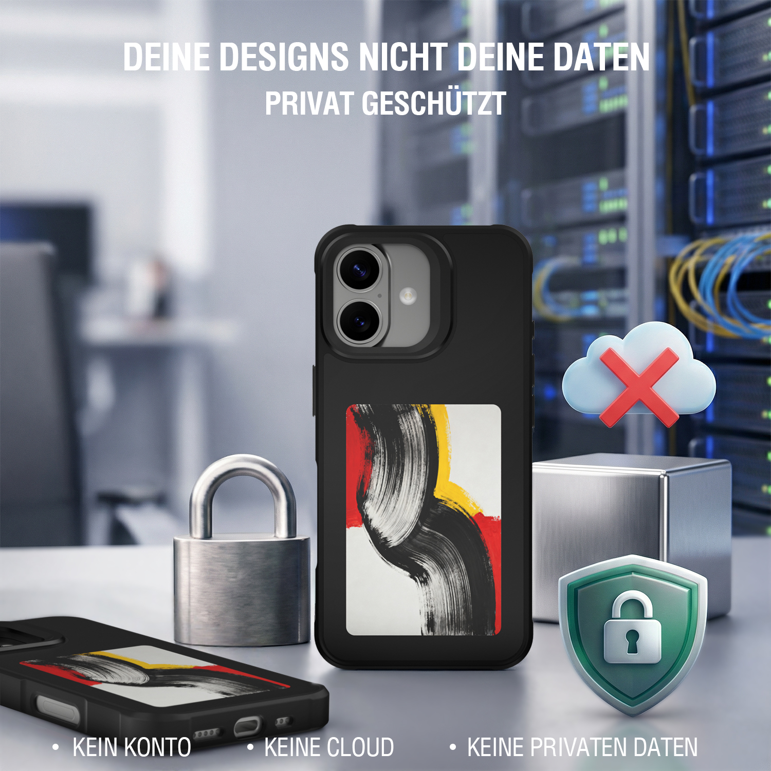Smartphone-Hülle mit E-Ink-Display, Nutzung ohne Konto, Cloud oder Speicherung persönlicher Daten.
