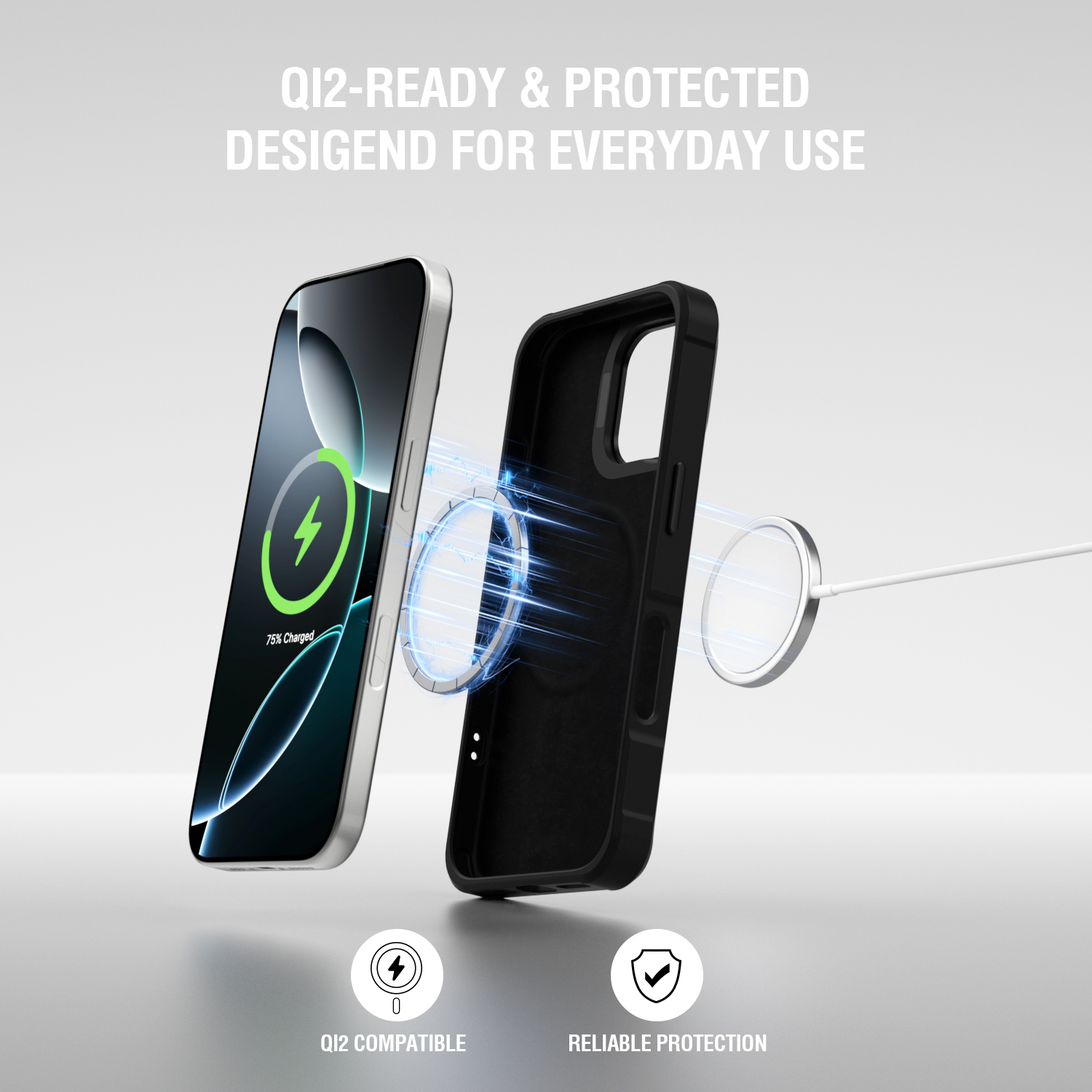 Smartphone with black protective case shown in an exploded view, illustrating magnetic Qi2 charging alignment and protection against scratches and minor impacts in everyday use.
