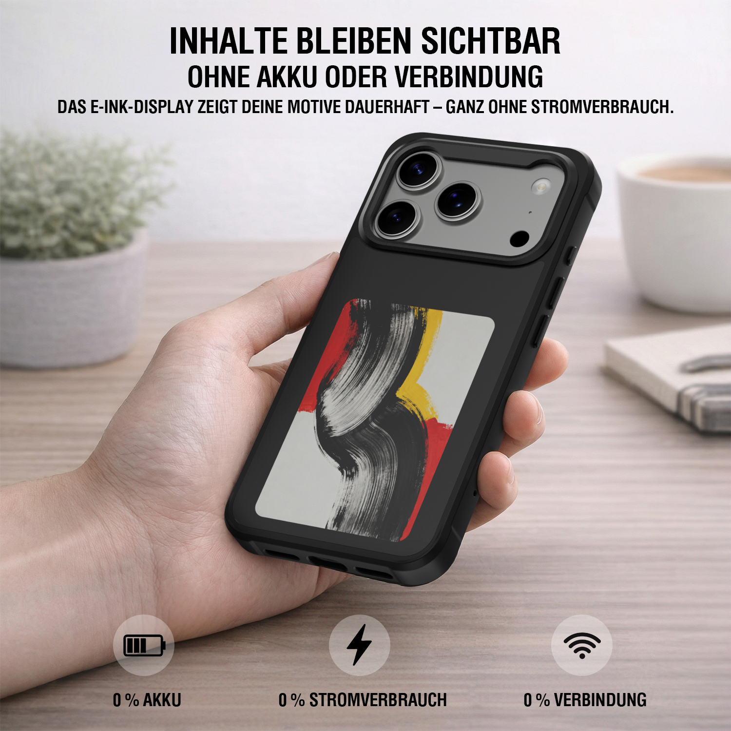 Smartphone-Hülle mit E-Ink-Display auf der Rückseite, dauerhaft sichtbares Motiv ohne Akku, Stromverbrauch oder Verbindung.
