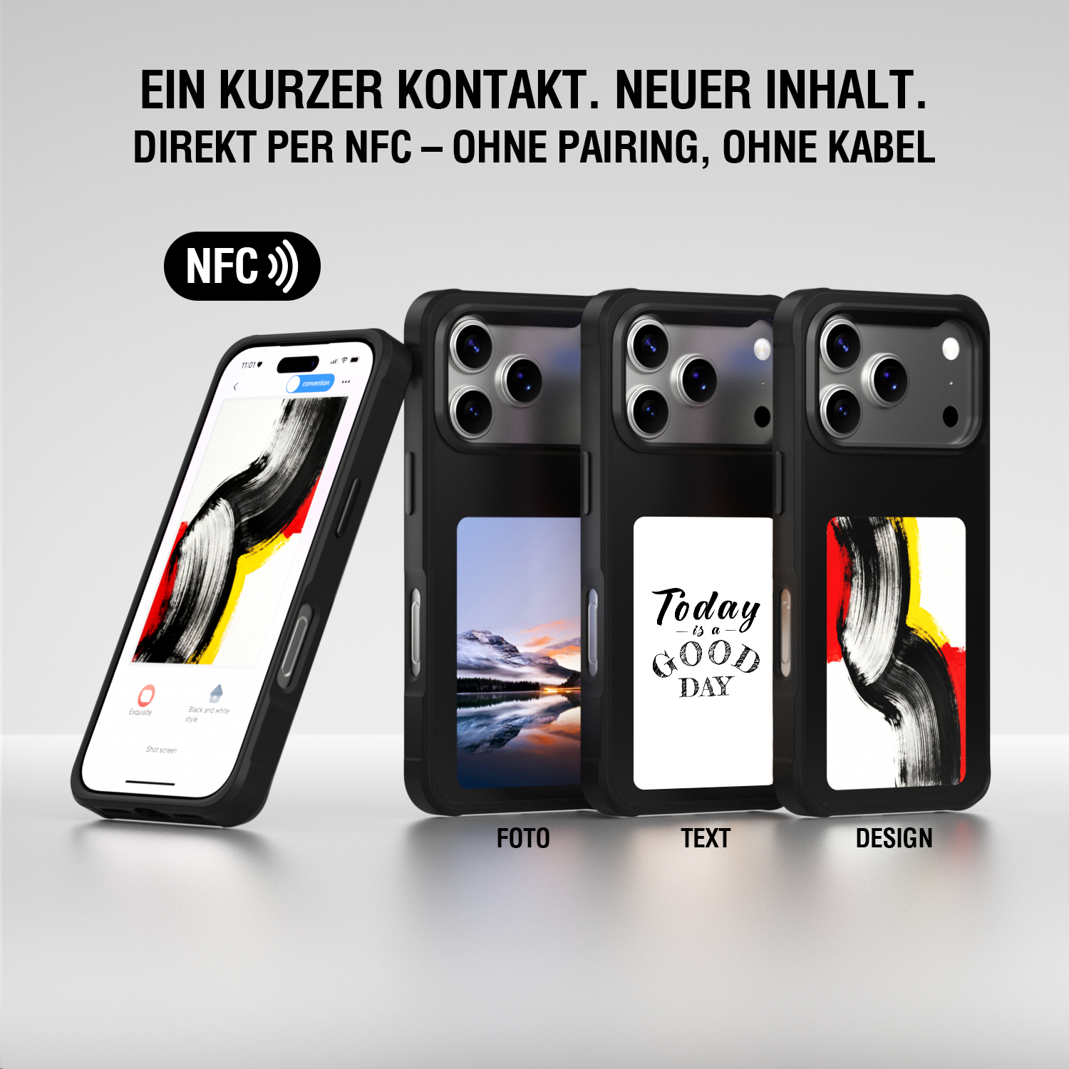 Mehrere Smartphone-Hüllen mit E-Ink-Display, Inhalte per NFC aktualisierbar ohne Pairing oder Kabel.
