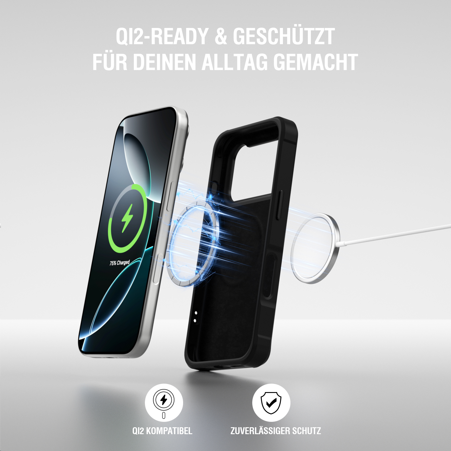 Smartphone mit schwarzer Schutzhülle in Explosionsdarstellung, zeigt magnetische Qi2-Ladeausrichtung sowie Schutz vor Kratzern und leichten Stößen im Alltag.
