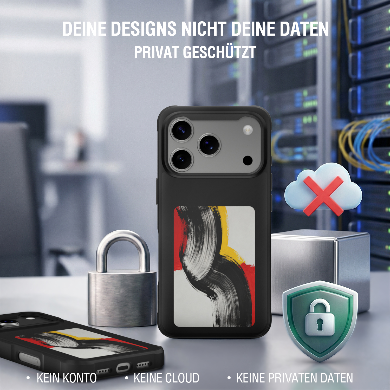 Smartphone-Hülle mit E-Ink-Display, Nutzung ohne Konto, Cloud oder Speicherung persönlicher Daten.
