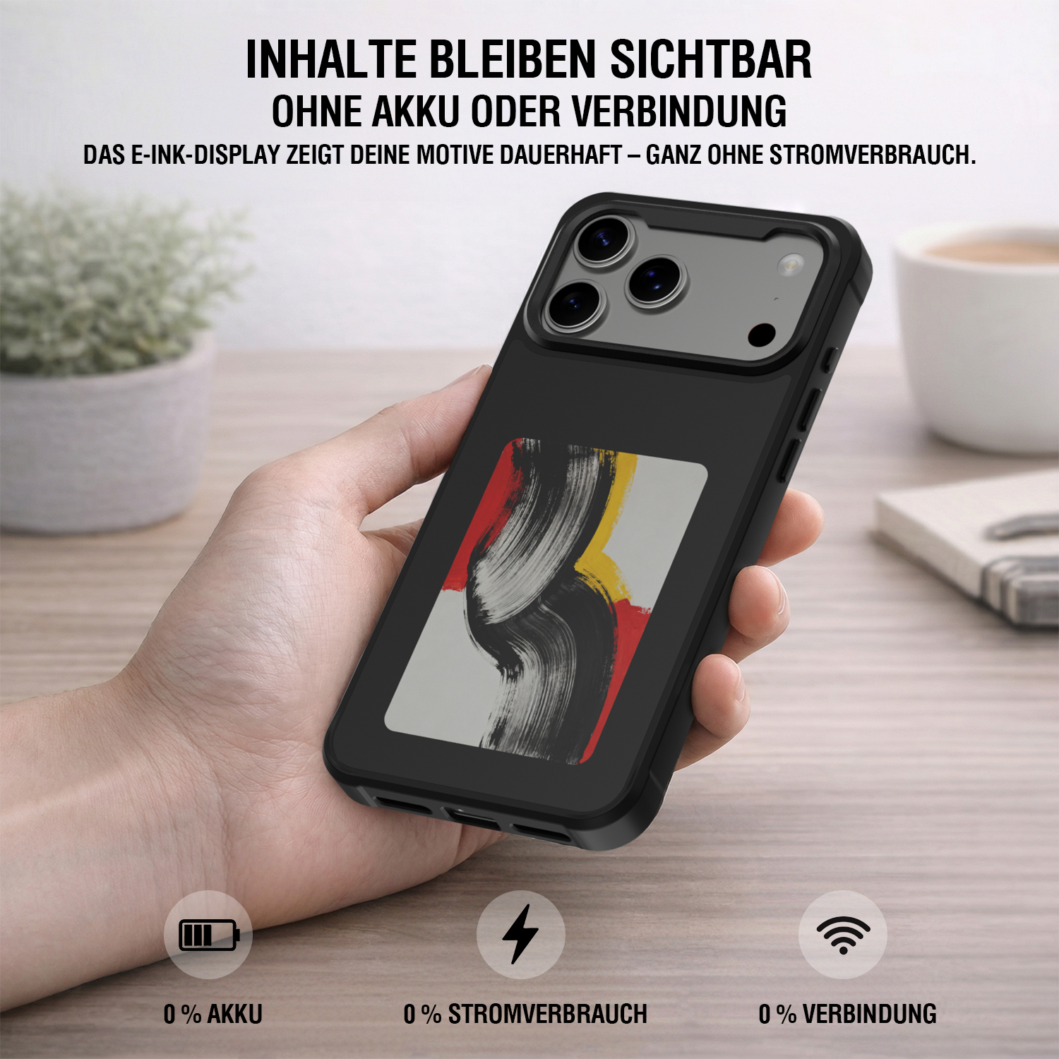 Smartphone-Hülle mit E-Ink-Display auf der Rückseite, dauerhaft sichtbares Motiv ohne Akku, Stromverbrauch oder Verbindung.
