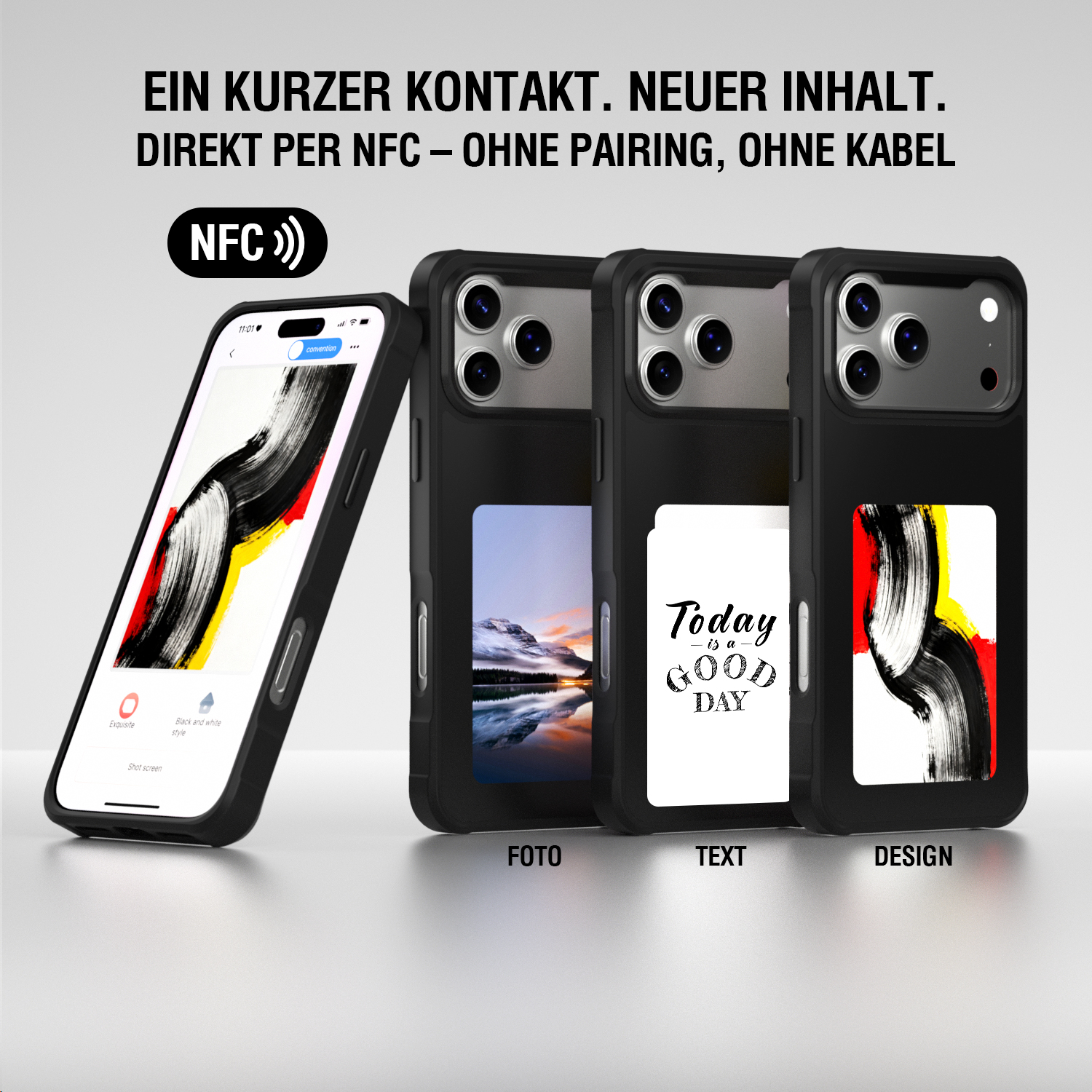 Mehrere Smartphone-Hüllen mit E-Ink-Display, Inhalte per NFC aktualisierbar ohne Pairing oder Kabel.
