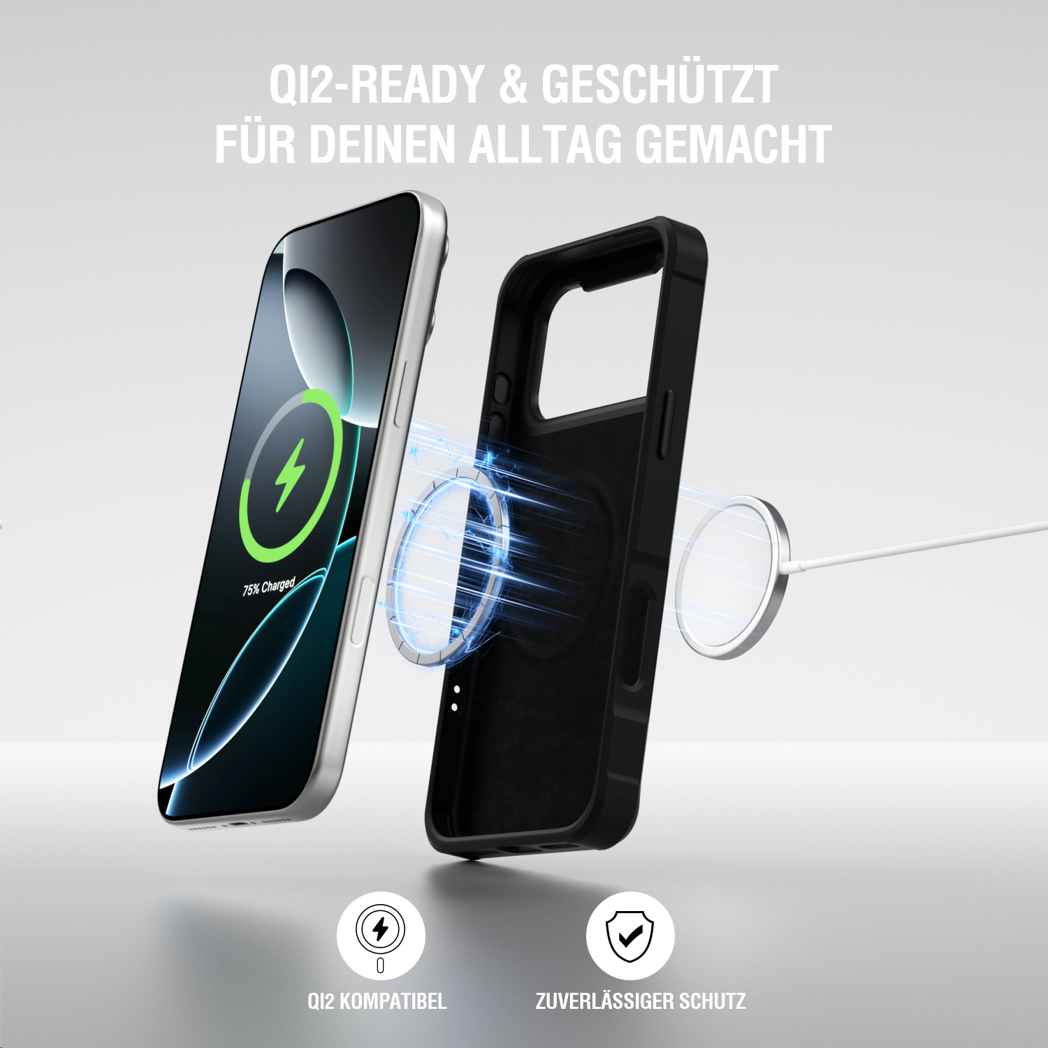 Smartphone mit schwarzer Schutzhülle in Explosionsdarstellung, zeigt magnetische Qi2-Ladeausrichtung sowie Schutz vor Kratzern und leichten Stößen im Alltag.
