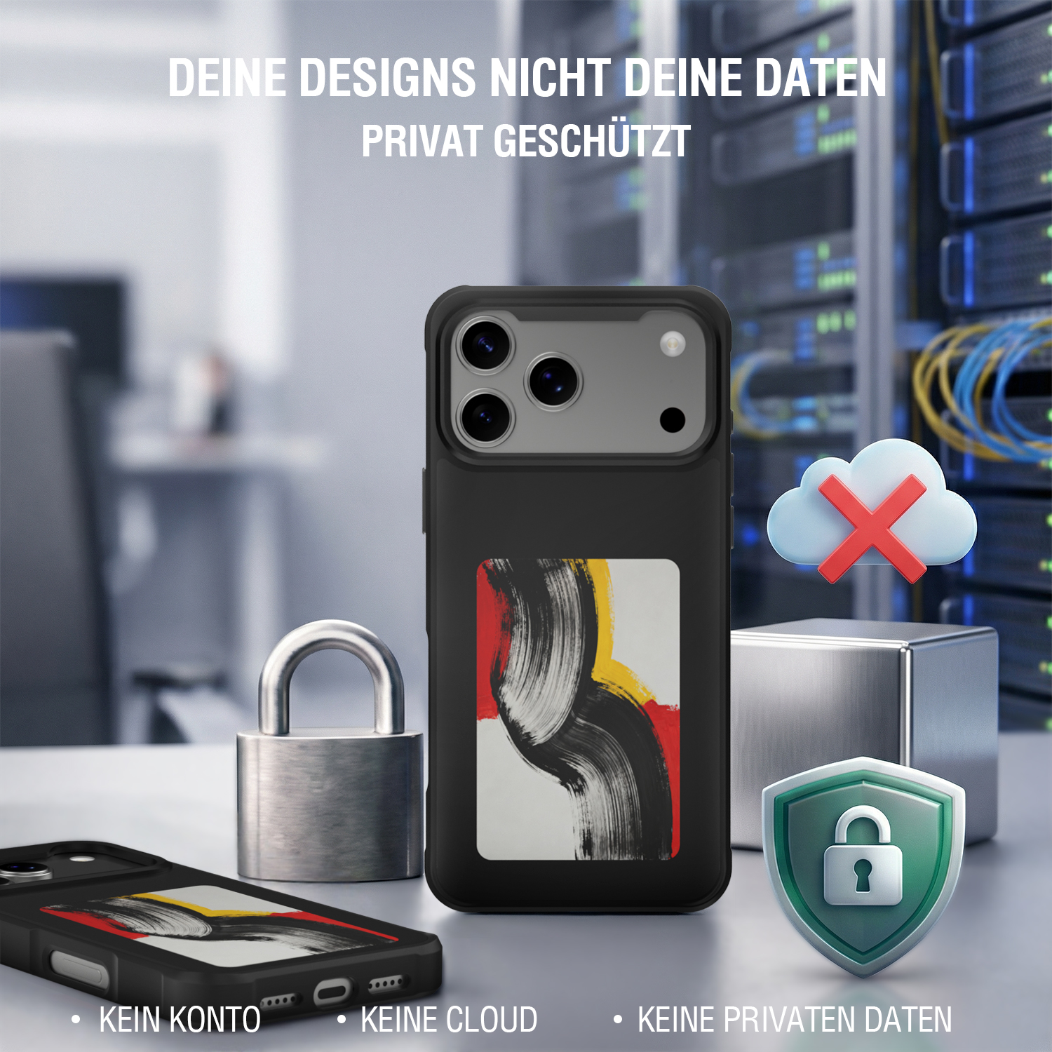 Smartphone-Hülle mit E-Ink-Display, Nutzung ohne Konto, Cloud oder Speicherung persönlicher Daten.
