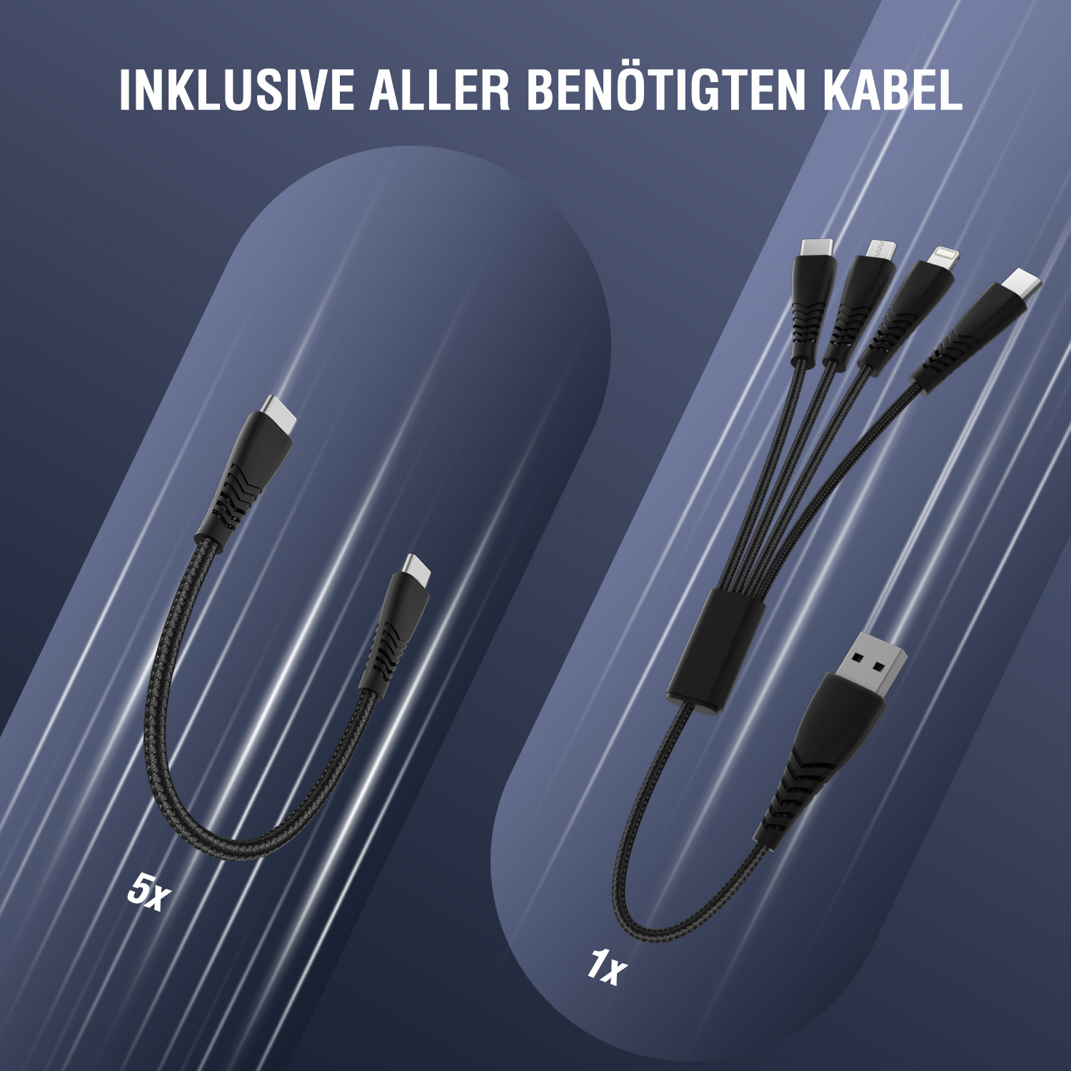 Darstellung der 4smarts Ladestation Team mit allen im Lieferumfang enthalten Ladekabeln. 
Zu sehen sind fünf kurze USB-C-zu-USB-C-Kabel sowie das innovative und multifunktionale 4in2-Multiladekabel mit Adapter von USB-C/USB-A auf zweimal USB-C, einmal Lightning und einmal Micro-USB.