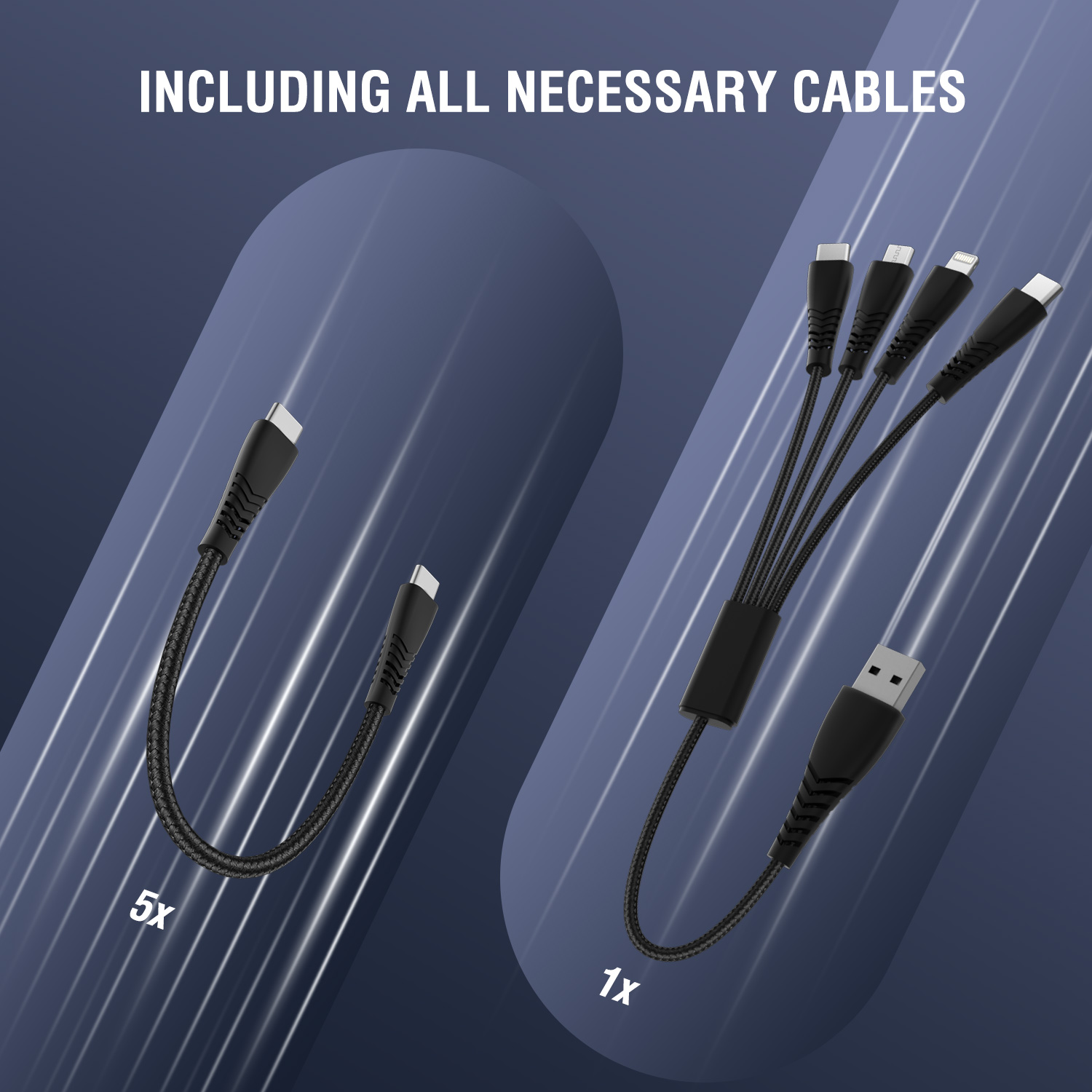 Illustration of the 4smarts charging station Team with all charging cables included in the scope of delivery. 
You can see five short USB-C to USB-C cables as well as the innovative and multifunctional 4in2 multi-charging cable with adapter from USB-C/USB-A to two USB-C, one Lightning and one Micro-USB.