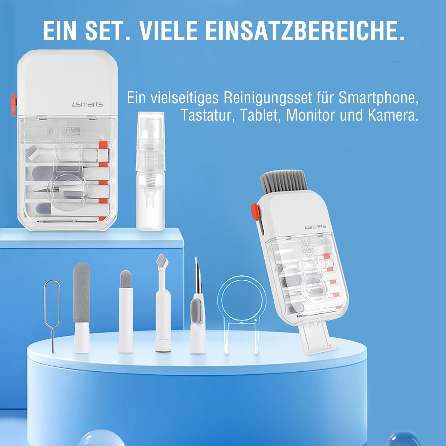 Multifunktionales 4smarts Reinigungsset mit verschiedenen Aufsätzen für Smartphone, Tablet, Tastatur, Monitor und Kamera.