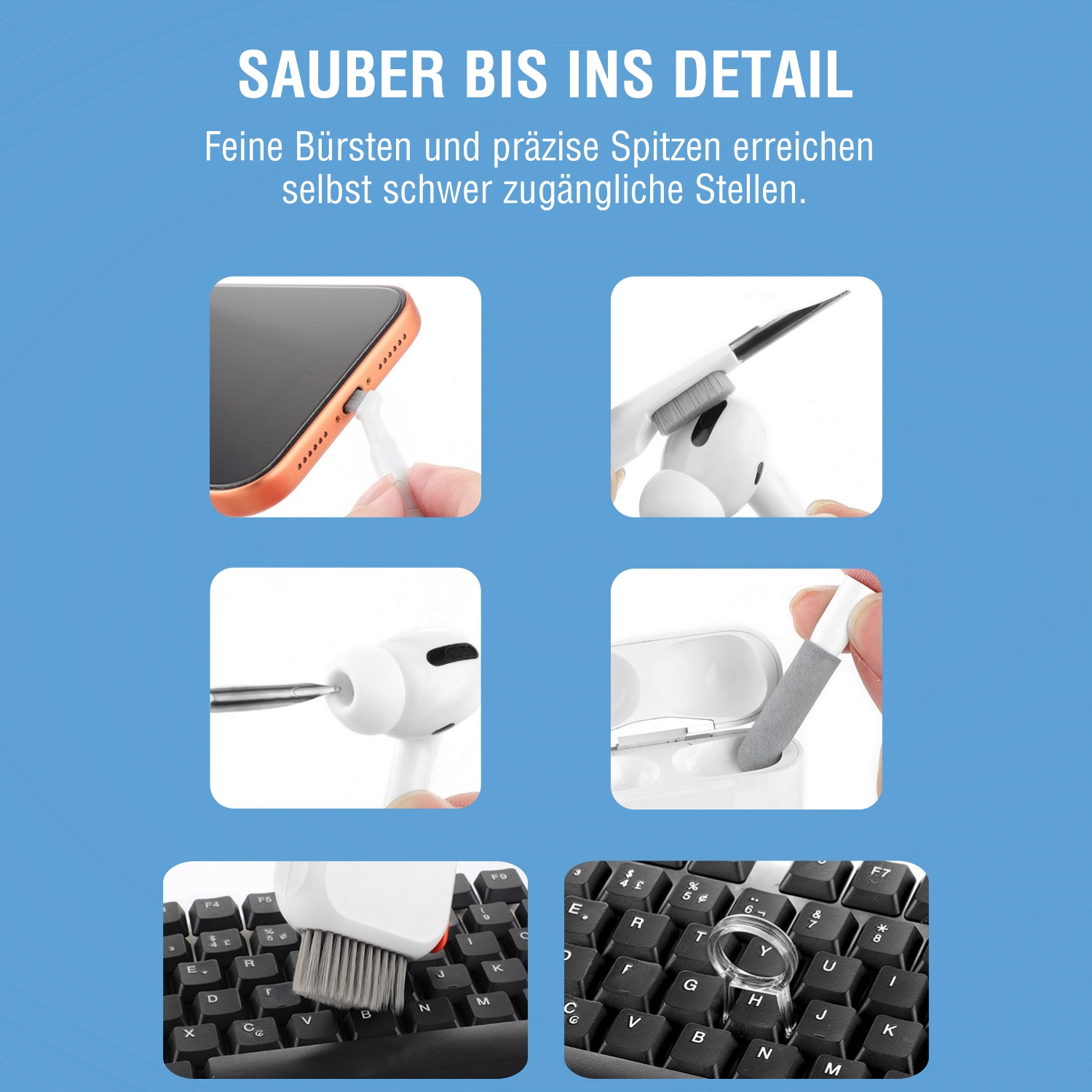 Detailansicht der Reinigungswerkzeuge im Einsatz – präzise Bürsten und Spitzen zur Reinigung von Anschlüssen, Tasten und schwer erreichbaren Stellen.