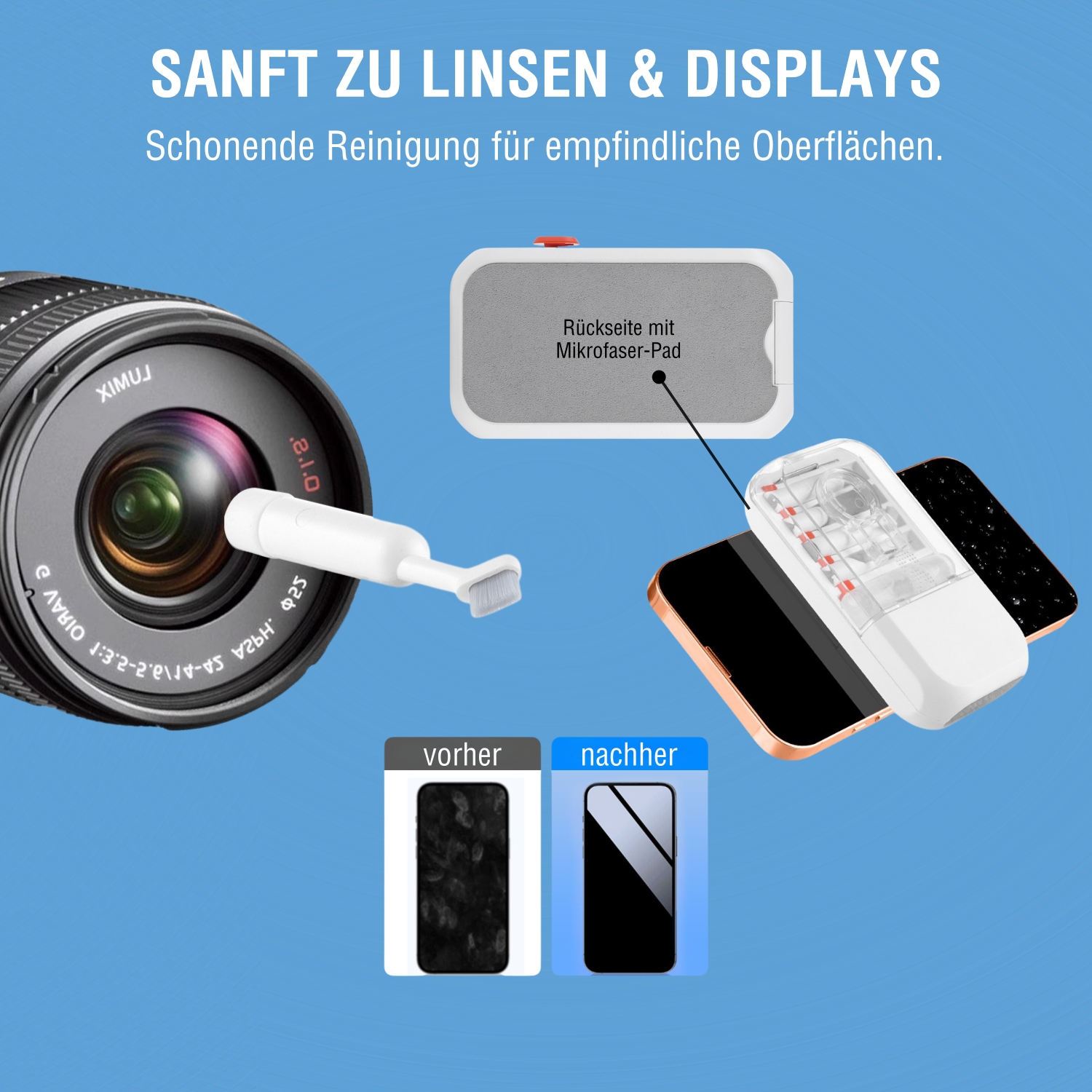 Schonende Reinigung von Kameraobjektiv und Smartphone-Display mit Mikrofasertool – Vorher-Nachher-Vergleich sichtbar.