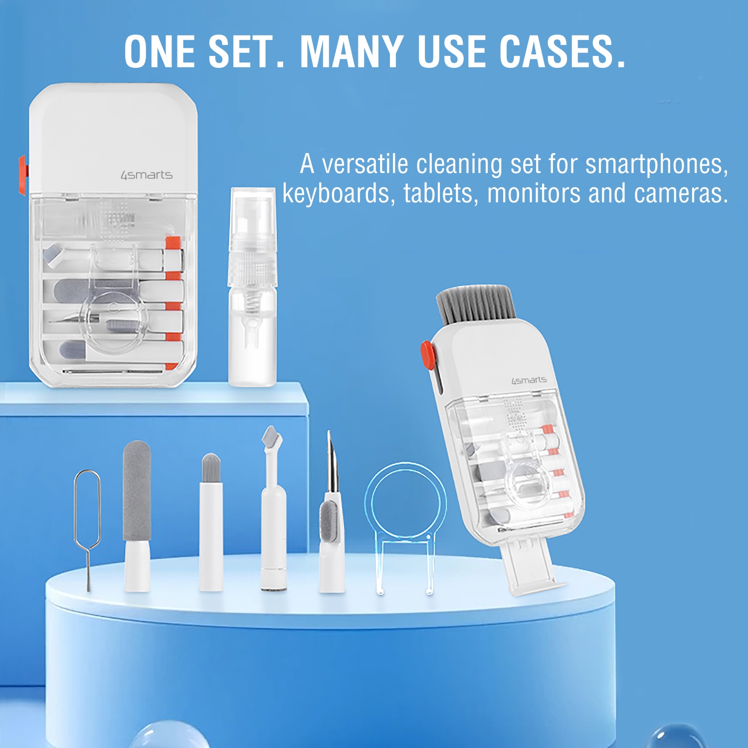 Multifunctional 4smarts cleaning set with multiple tools for smartphones, tablets, keyboards, monitors and cameras.
