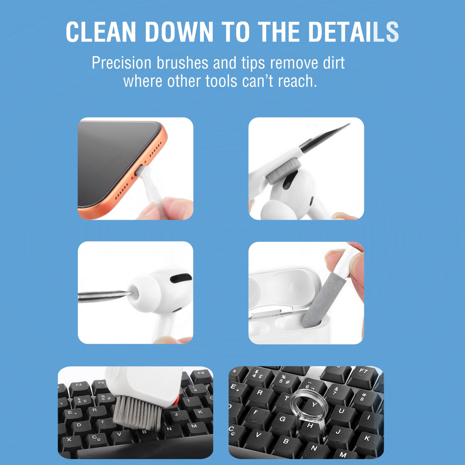 Close-up of precision cleaning tools in use – fine brushes and tips for ports, keys and hard-to-reach areas.