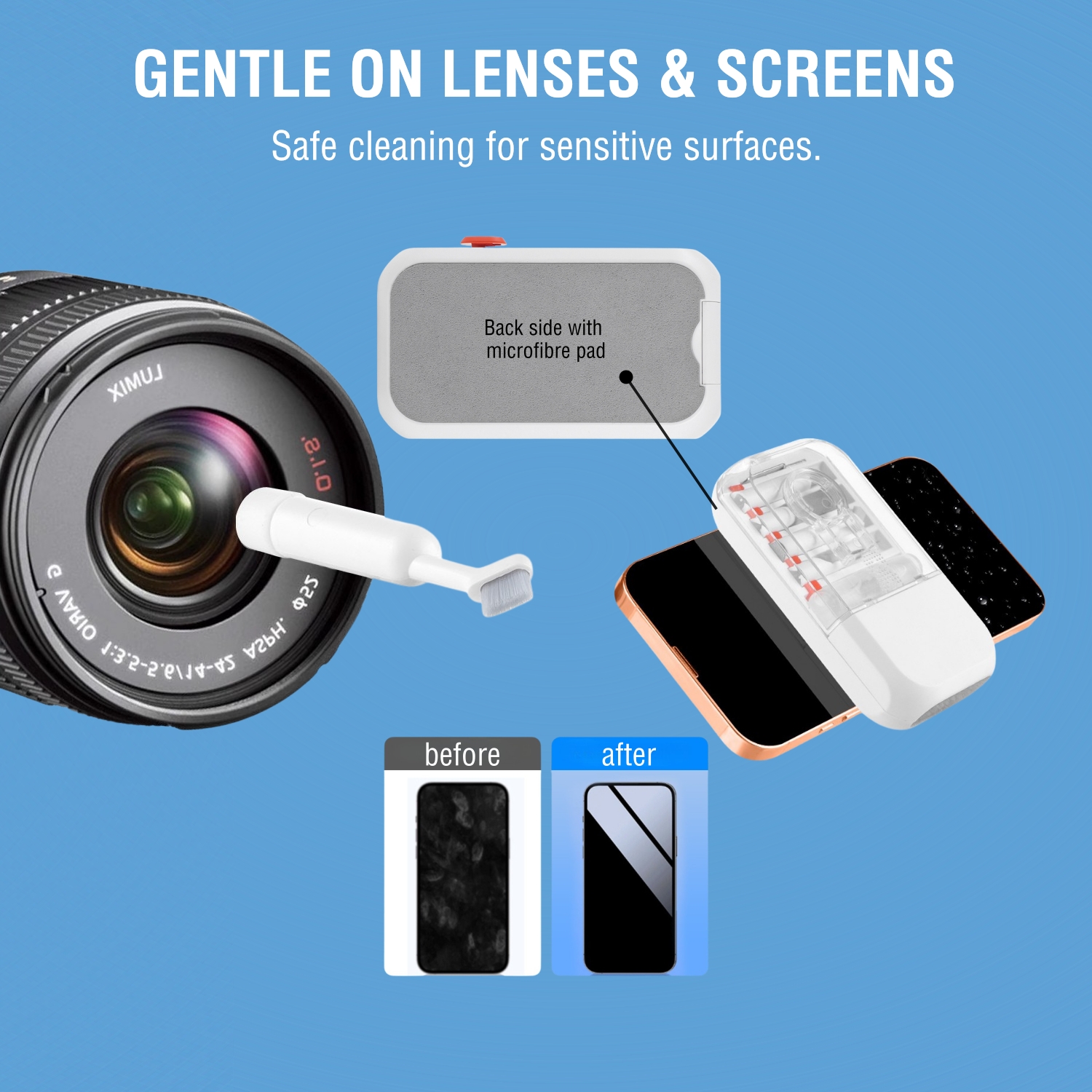 Gentle cleaning of camera lens and smartphone display using a microfiber tool – visible before-and-after comparison.