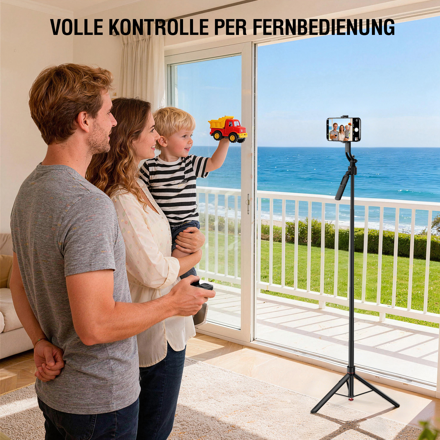 Mitgelieferte Fernbedienung zur Steuerung von Fotos, Videos und Tracking aus der Distanz
