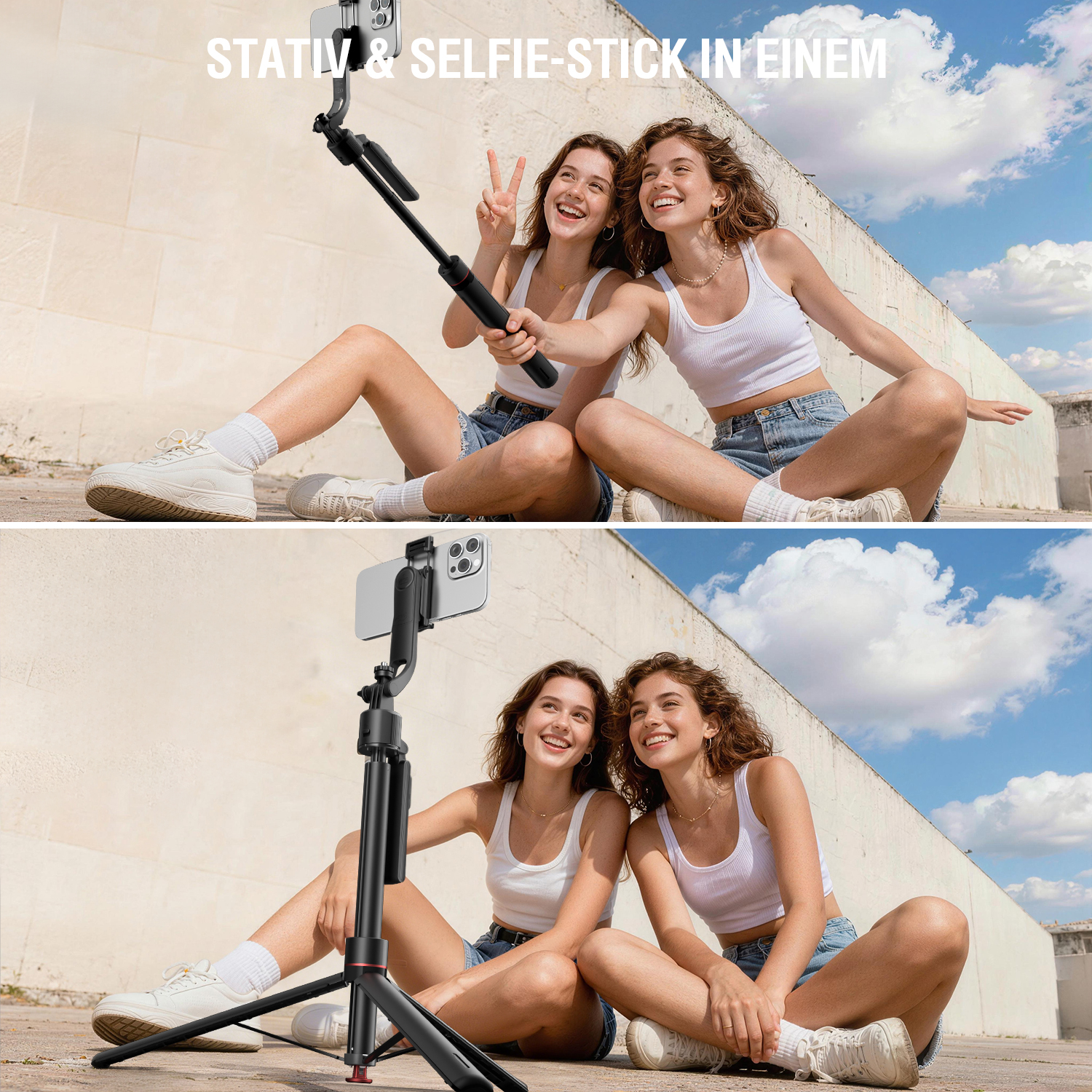 2-in-1 Design als stabiles Stativ oder Selfie-Stick für flexible Smartphone-Aufnahmen