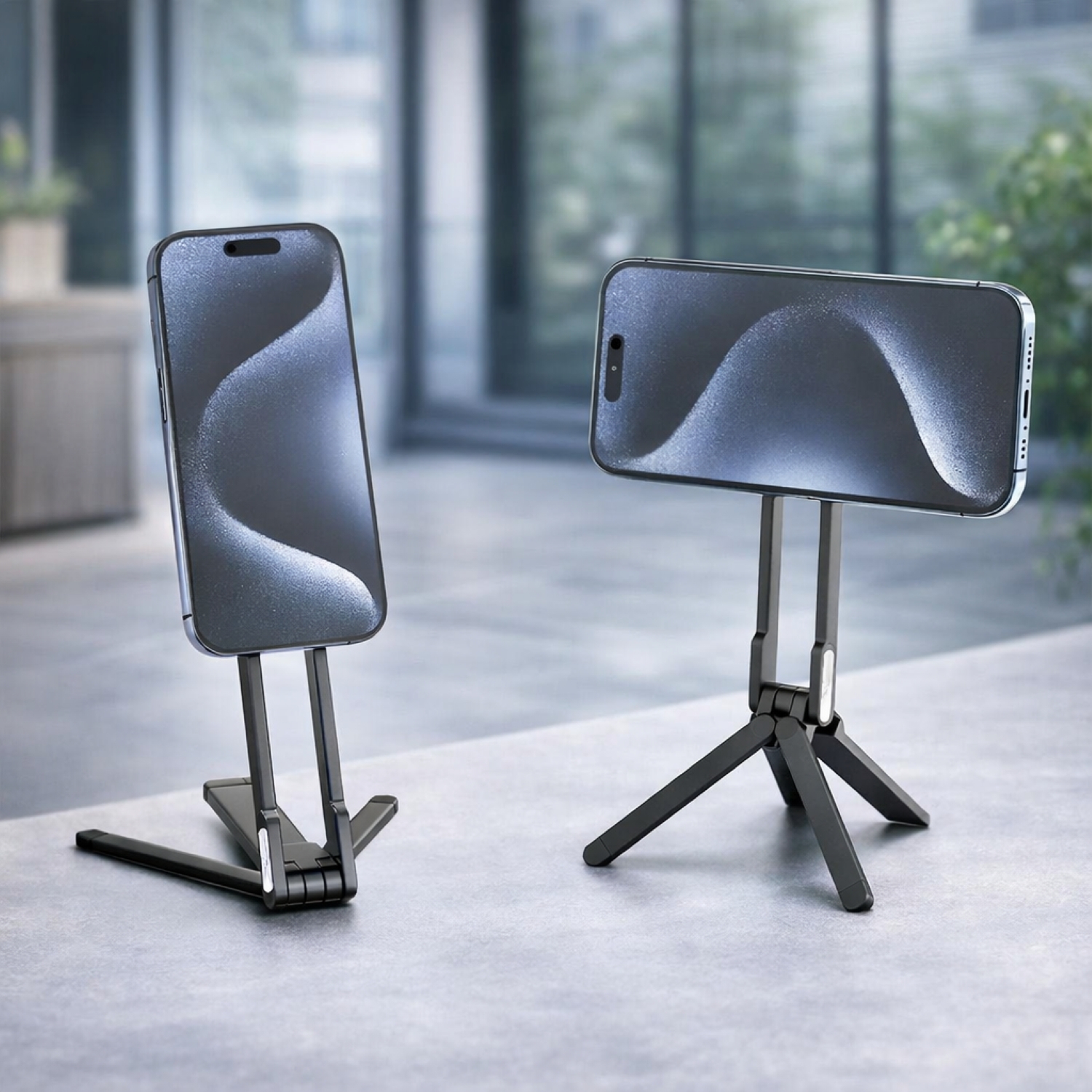 Faltbarer magnetischer Smartphone-Halter, nutzbar im Hochformat oder Querformat auf ebenen Flächen
