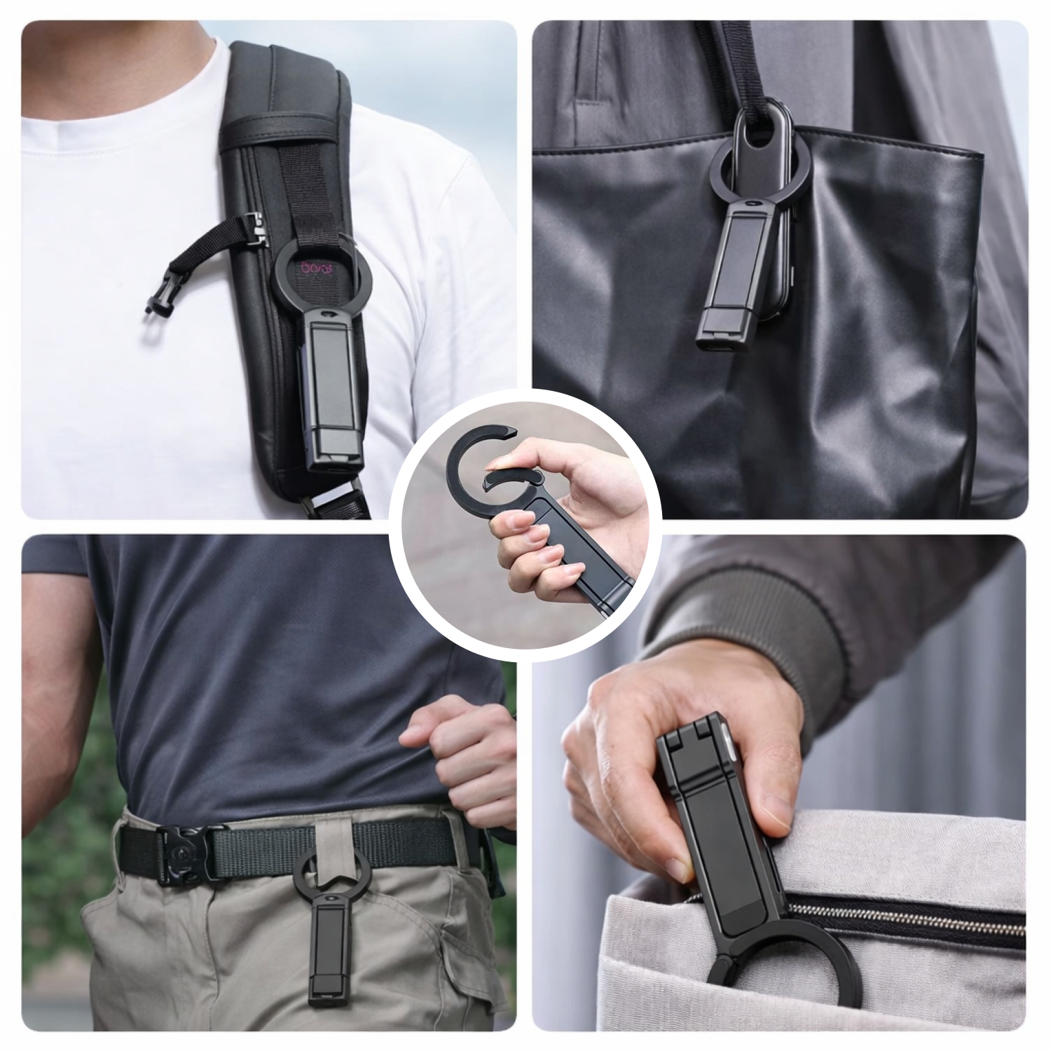 Magnetischer Smartphone-Halter als kompakter Schlüsselanhänger, befestigt an Rucksack, Tasche, Gürtel und Jacke. Der integrierte Karabiner-Verschluss in der Bildmitte ermöglicht schnelles Ein- und Ausklinken sowie flexibles Tragen im Alltag und auf Reisen.
