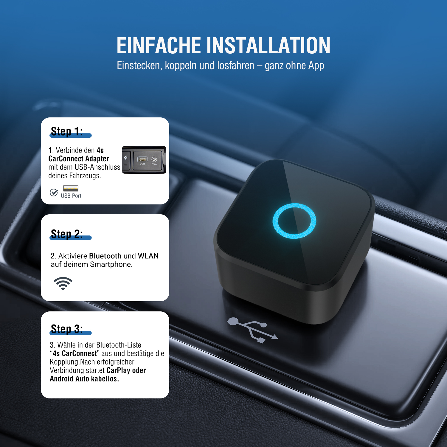 Nahaufnahme des 4smarts Wireless Adapters in einer Fahrzeugkonsole mit USB-A und USB-C Anschluss, sofort einsatzbereit ohne App.