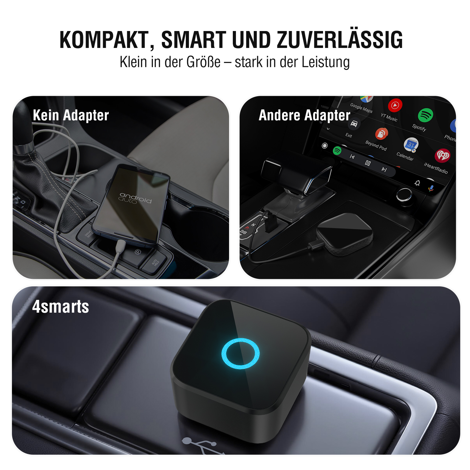 Kompakter 4smarts 2in1 Wireless Adapter in der Mittelkonsole eines Autos. Vergleich zu sperrigen, kabelgebundenen Lösungen – elegant, platzsparend und sofort einsatzbereit.