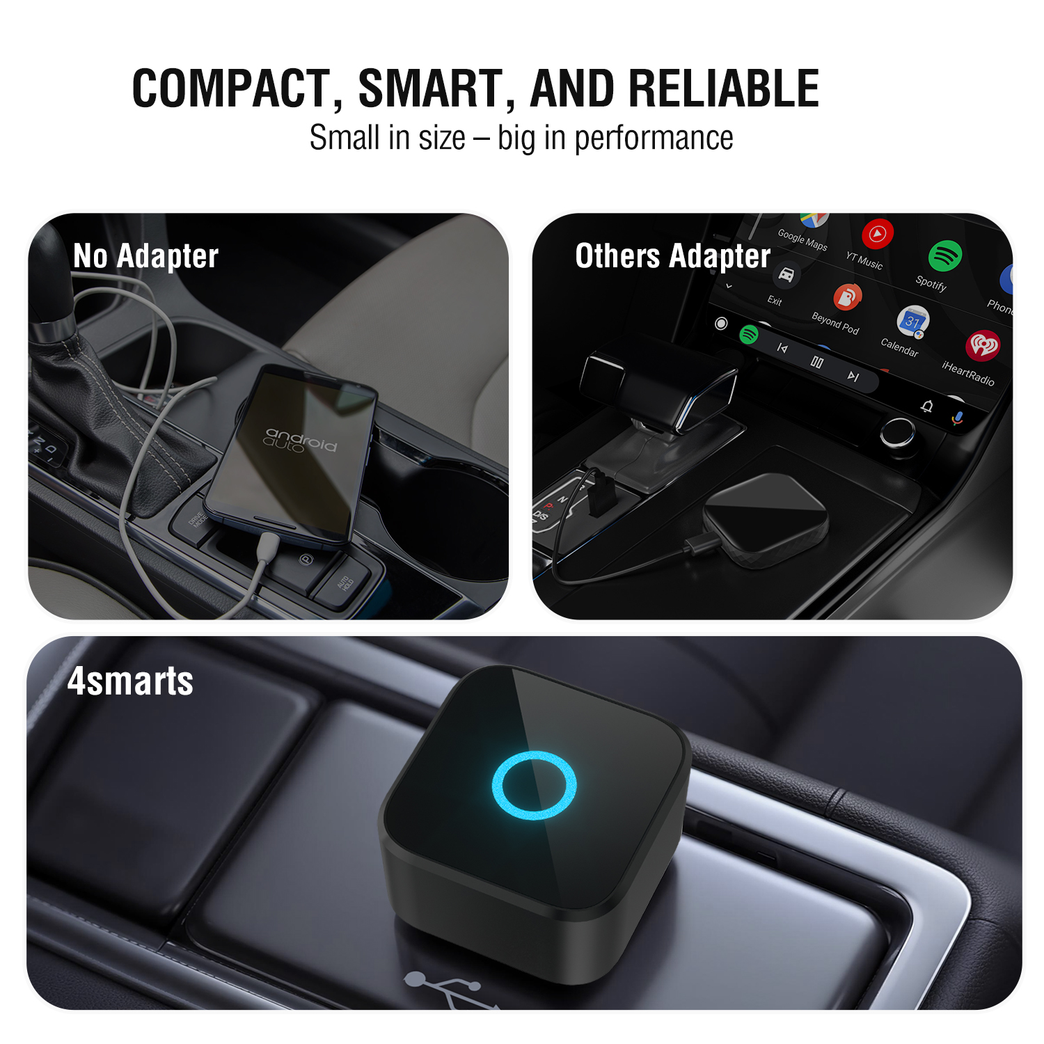 Compact 4smarts 2in1 Wireless Adapter placed in a car’s center console. Comparison with bulky wired solutions – sleek, space-saving and instantly ready to use.