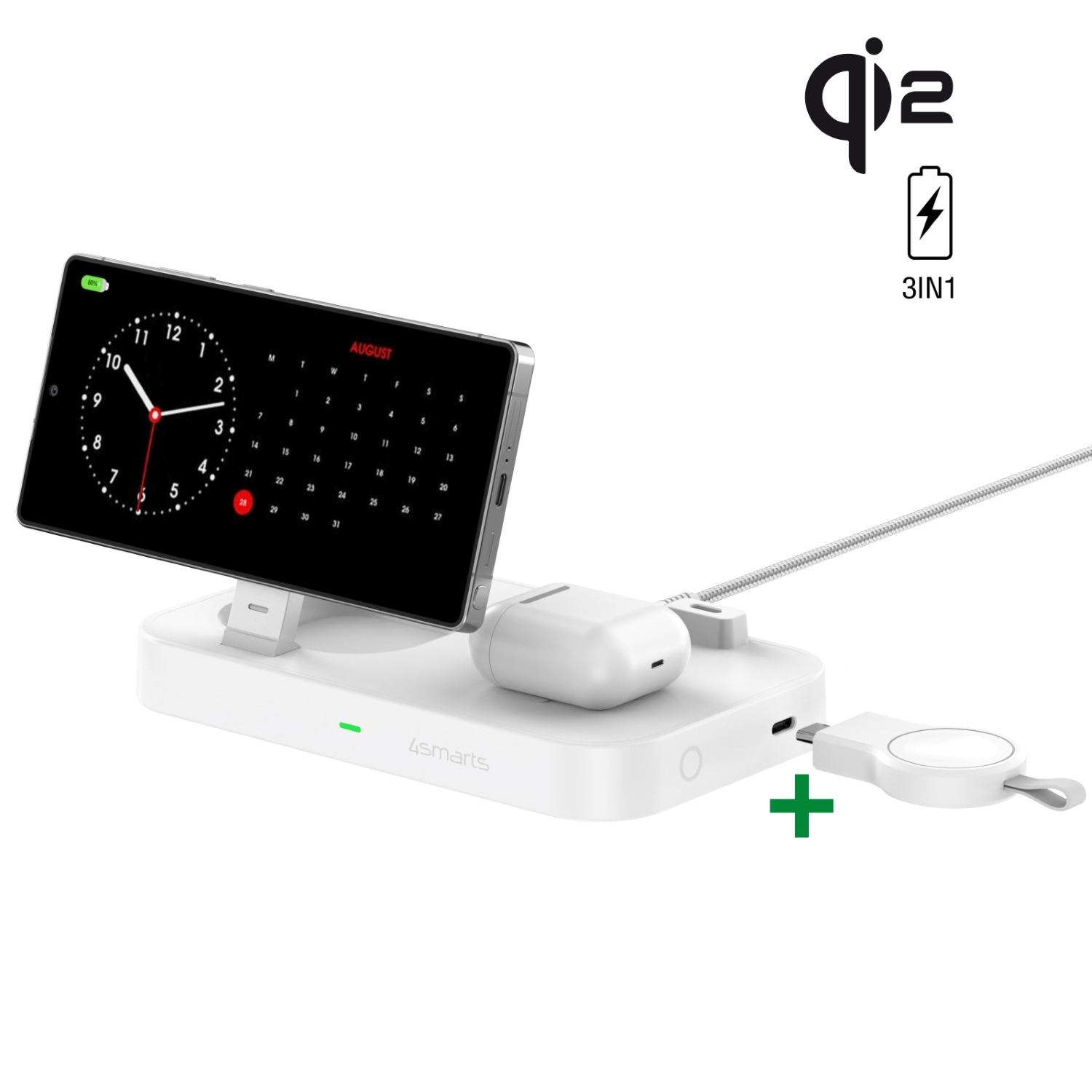 Die 4smarts 3-in-1 Qi2 Wireless Charger Station lädt dein Samsung, deine Samsung Watch und dein TWS Headset gleichzeitig auf.