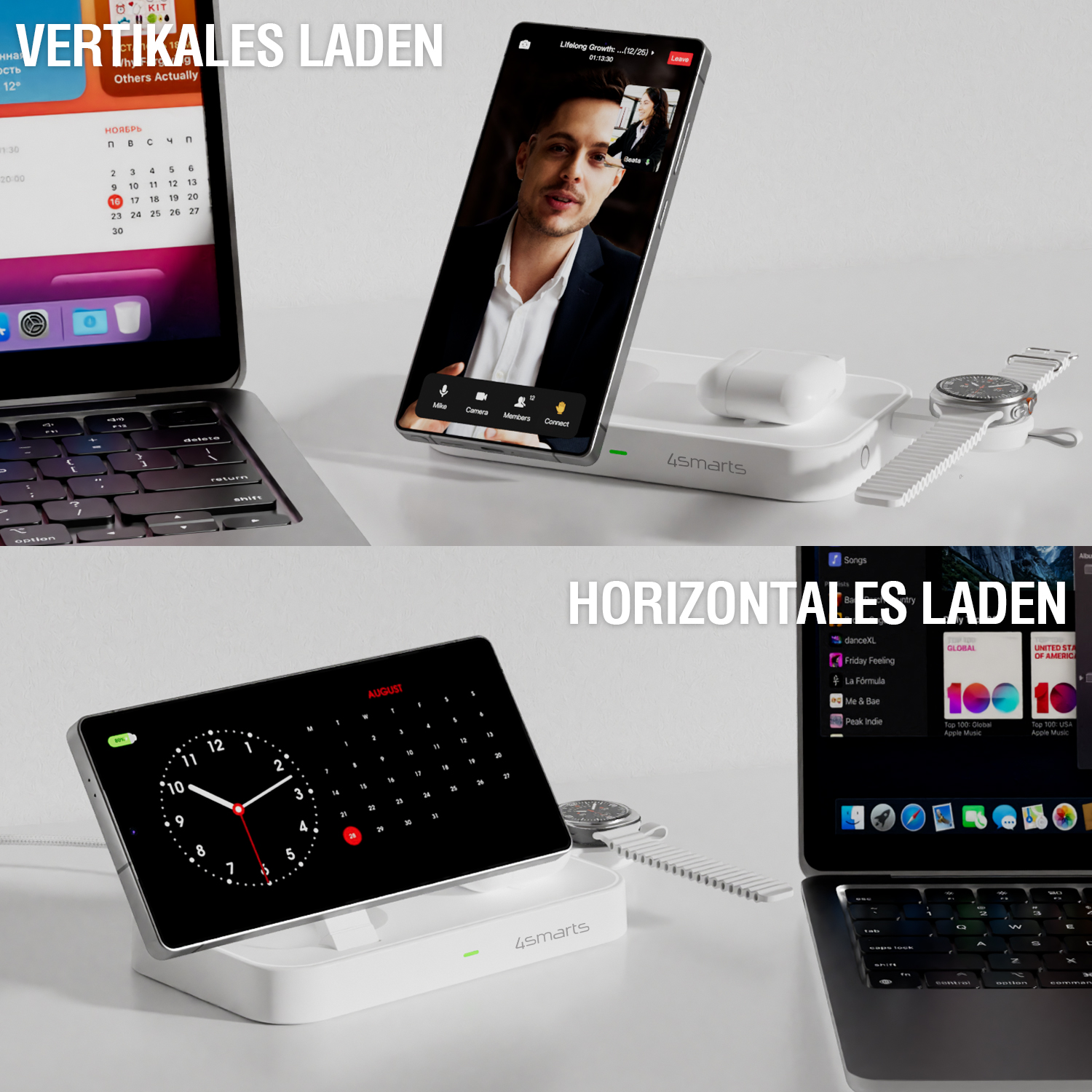 Die 4smarts Qi2 Trident Ladestation unterstützt das horizontale und vertikale Laden des Handys sowie den Apple StandBy Modus.