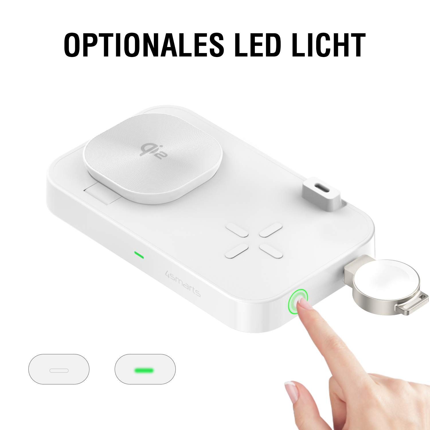 Die integrierte Betriebsleuchte (LED) der 4smarts Qi2 Trident Ladestation kann bei Bedarf ausgeschaltet werden.