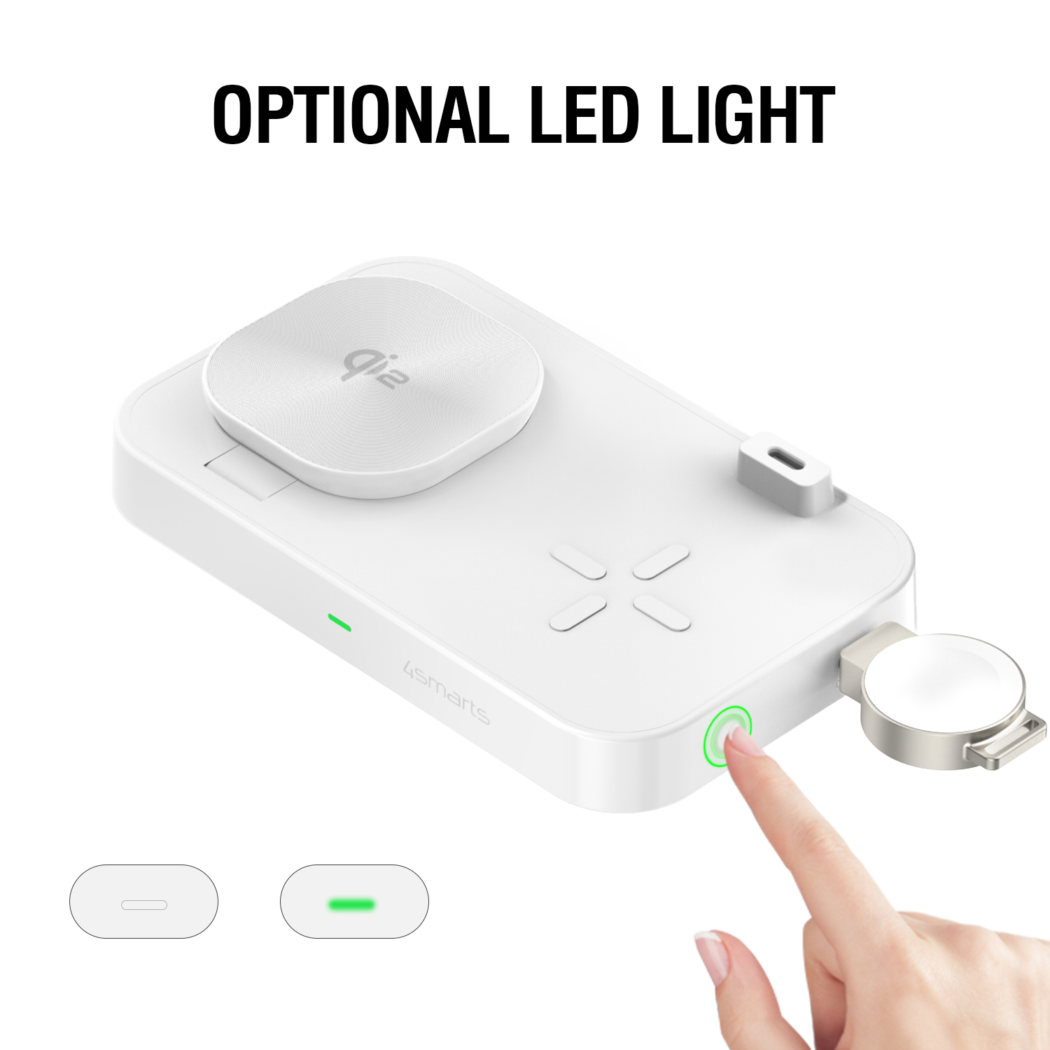 The integrated operating light (LED) of the 4smarts Qi2 Trident charging station can be switched off if necessary.