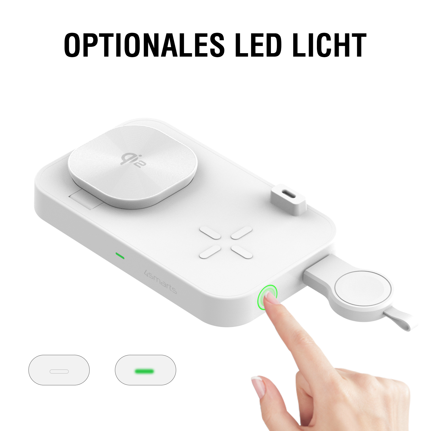 Die integrierte Betriebsleuchte (LED) der 4smarts Qi2 Trident Ladestation kann bei Bedarf ausgeschaltet werden.