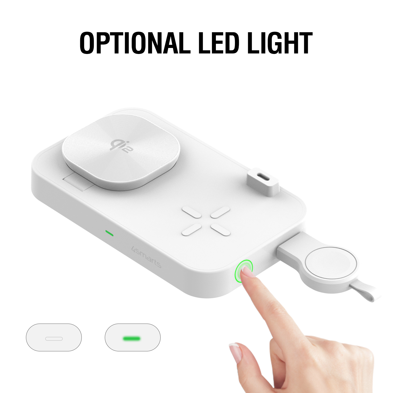 The integrated operating light (LED) of the 4smarts Qi2 Trident charging station can be switched off if necessary.