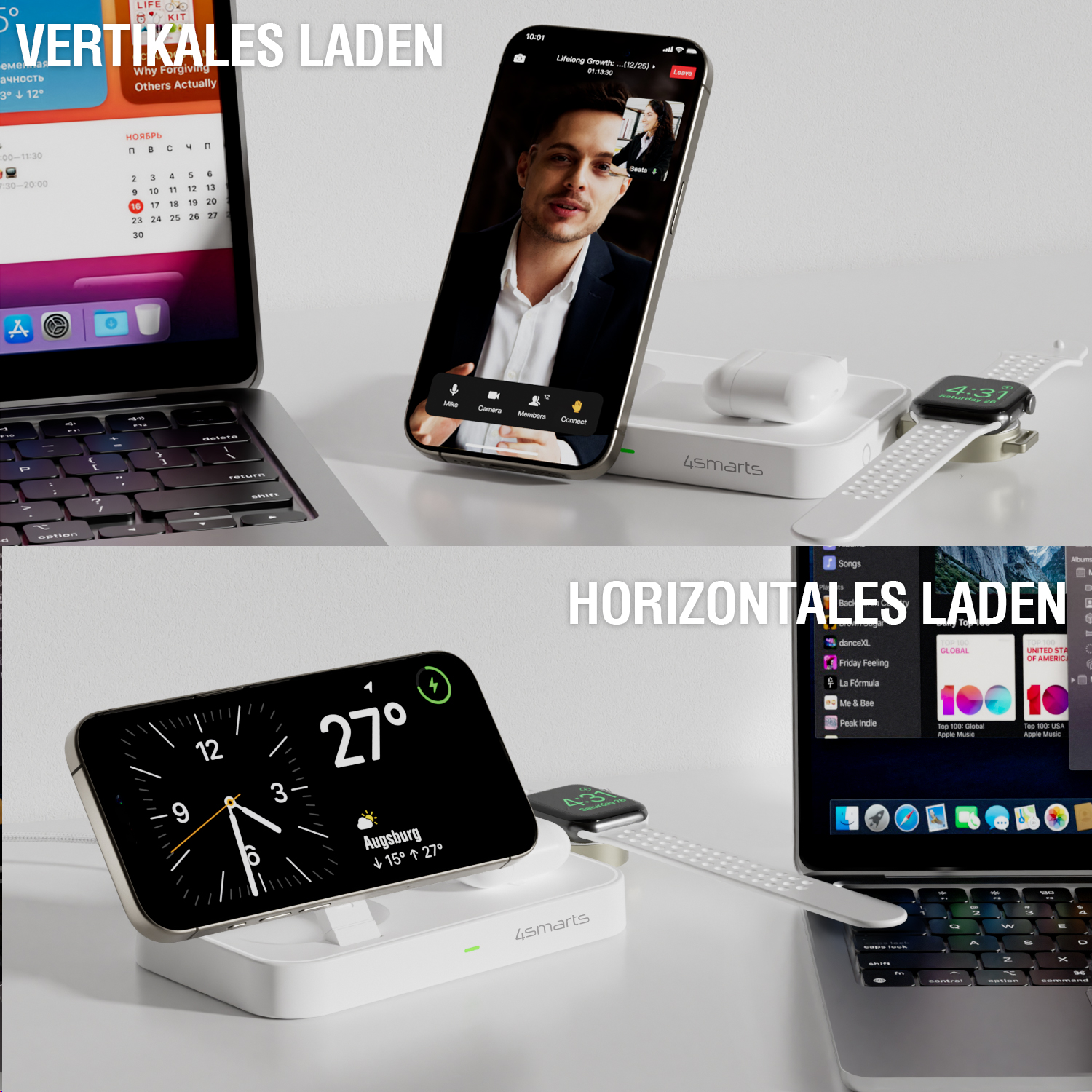 Die 4smarts Qi2 Trident Ladestation unterstützt das horizontale und vertikale Laden des Handys sowie den Apple StandBy Modus.
