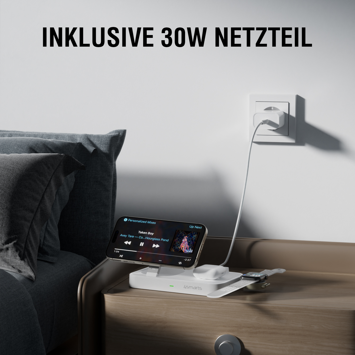 Die 4smarts Qi2 Trident Ladestation mit Mfi Fast Charger wird mit einem 30W Netzteil geliefert.
