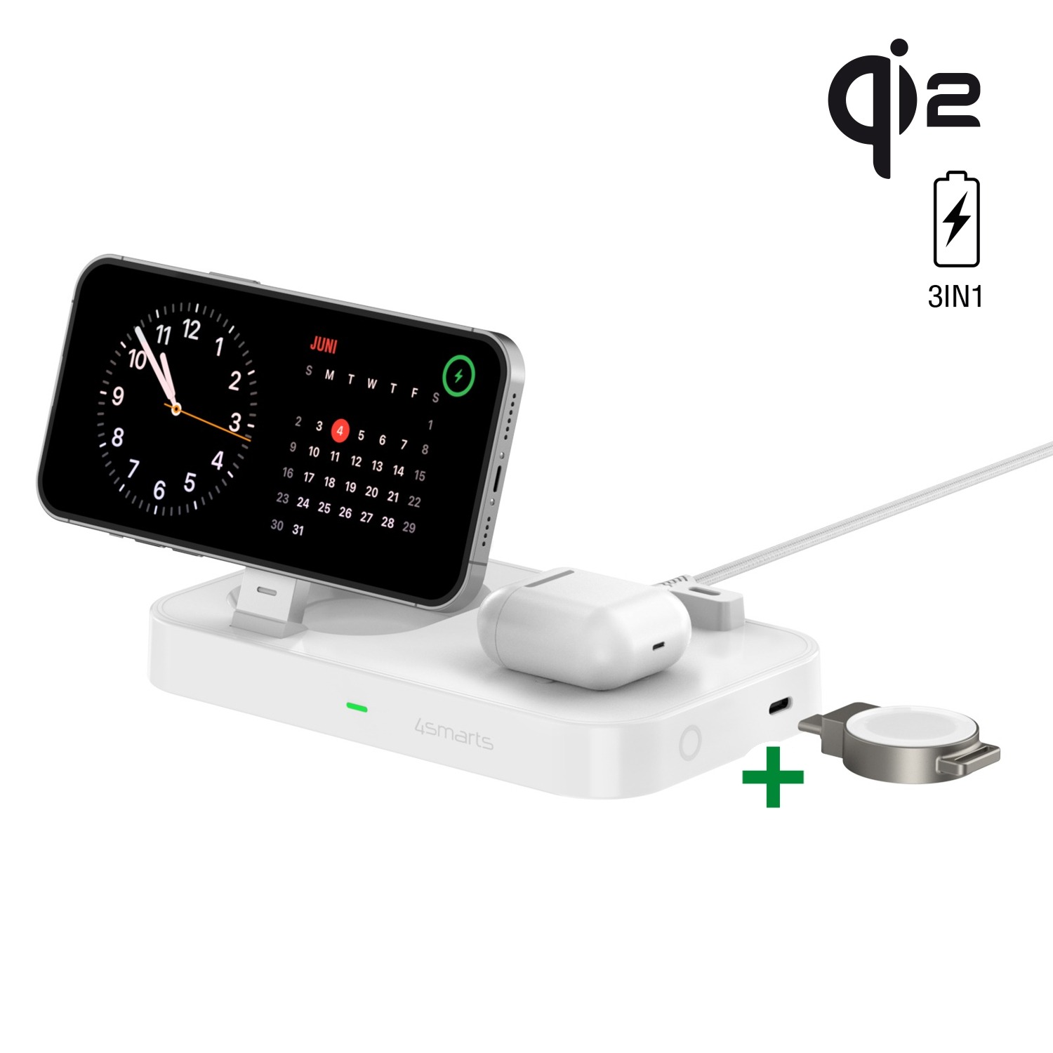 Die 4smarts 3-in-1 Qi2 Wireless Charger Station lädt dein Samsung, deine Samsung Watch und dein TWS Headset gleichzeitig auf.