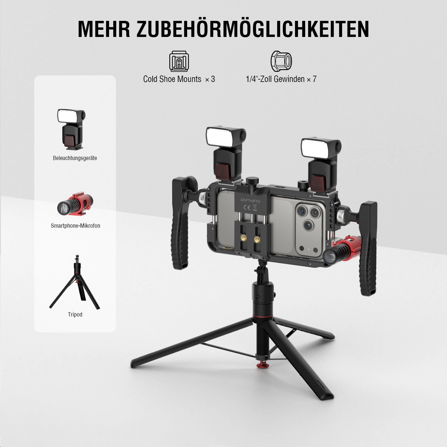 Smartphone Rig mit Mikrofon und LED Licht für erweitertes Video Setup