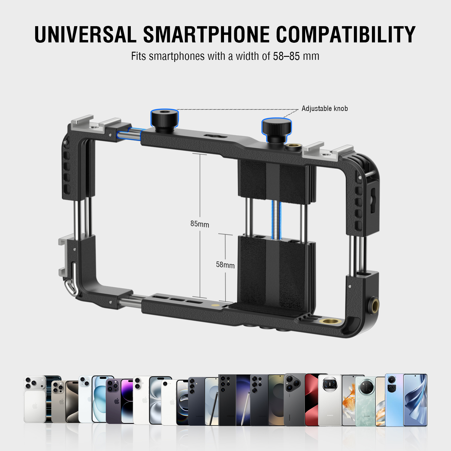adjustable smartphone mount fits devices from 58 to 85 mm width