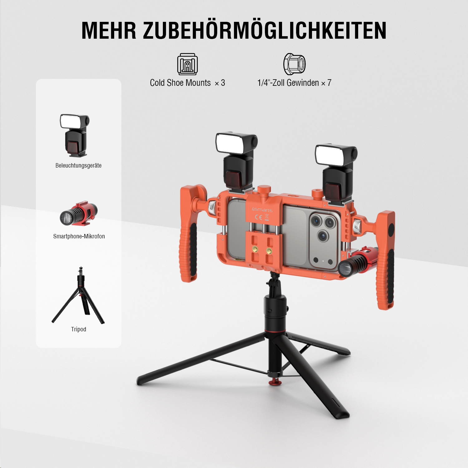 Smartphone Rig mit Mikrofon und LED Licht für erweitertes Video Setup