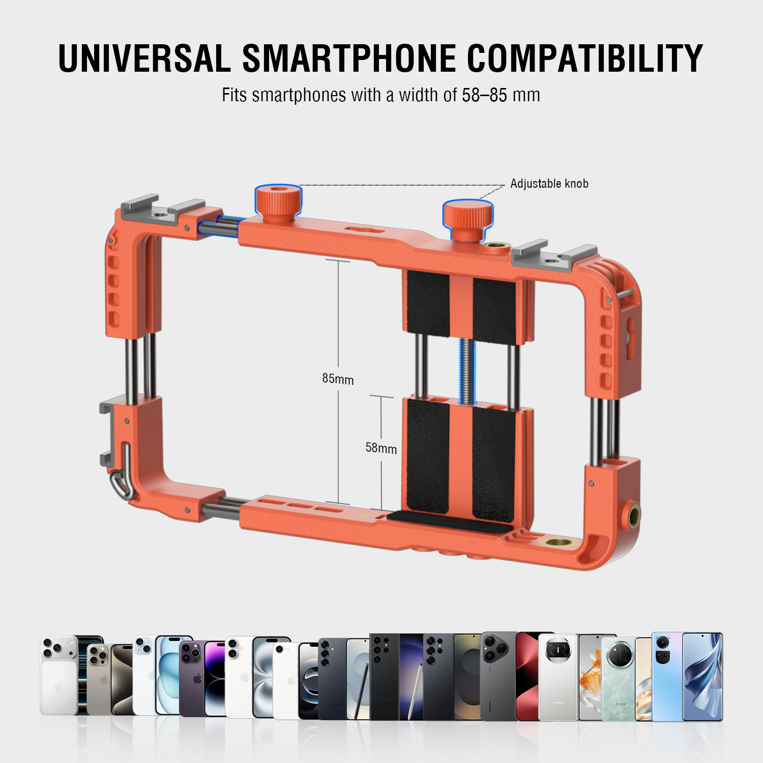adjustable smartphone mount fits devices from 58 to 85 mm width