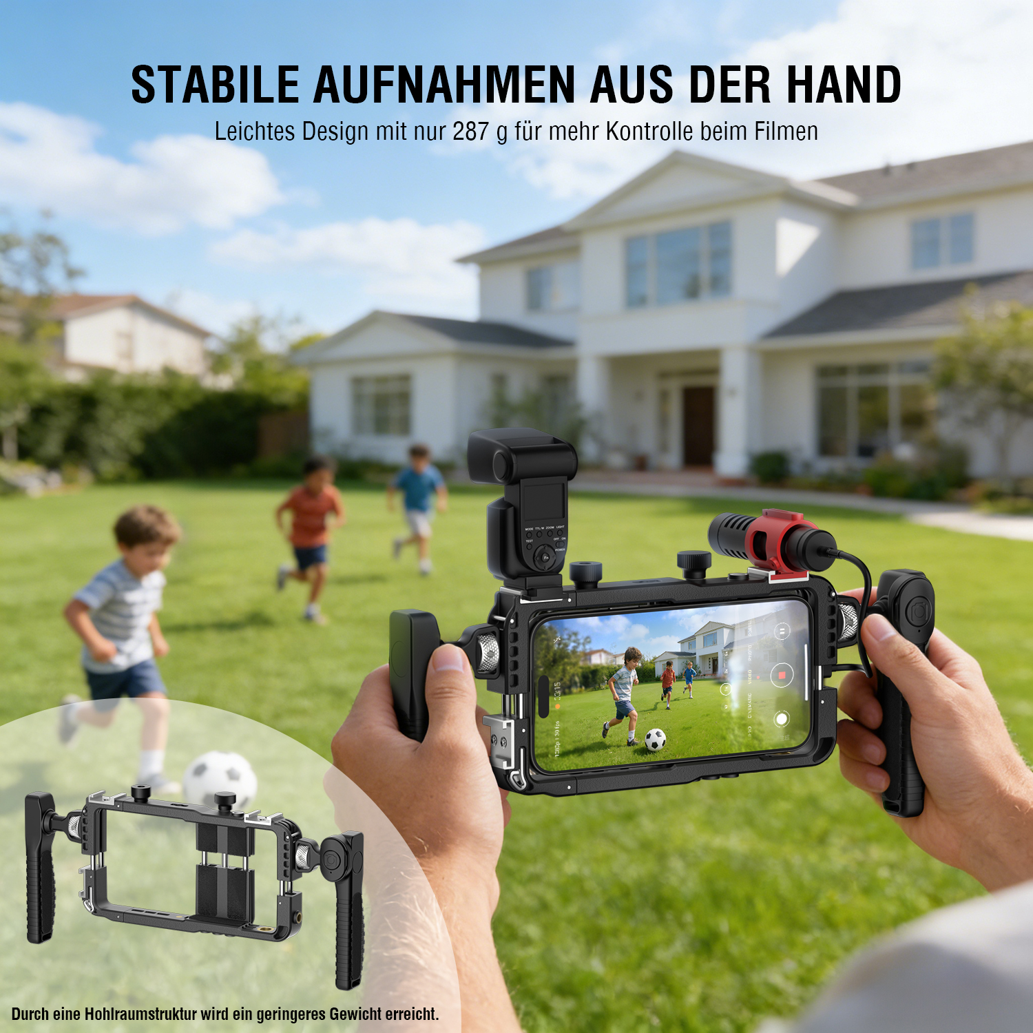 Handgehaltenes Smartphone Rig mit Doppelgriff für ruhige Videoaufnahmen