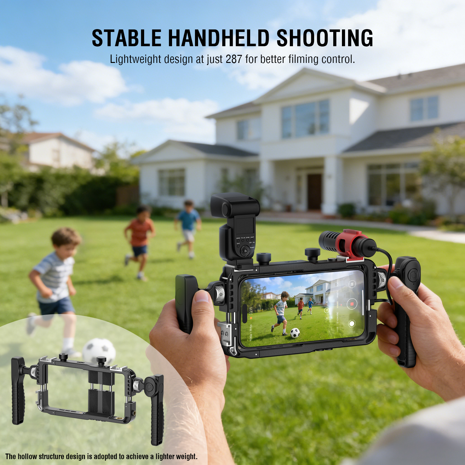handheld smartphone rig with dual grip for stable video recording