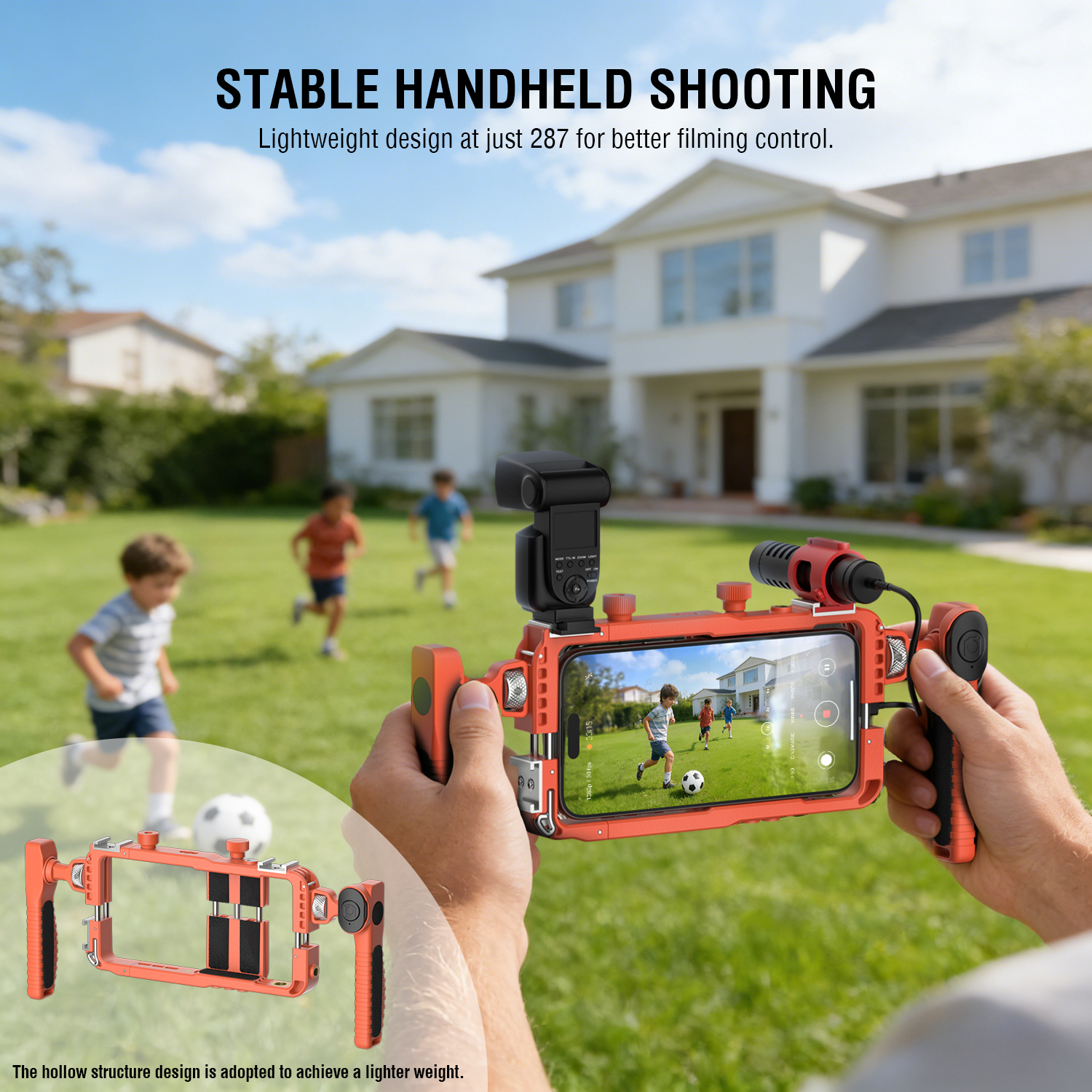 handheld smartphone rig with dual grip for stable video recording