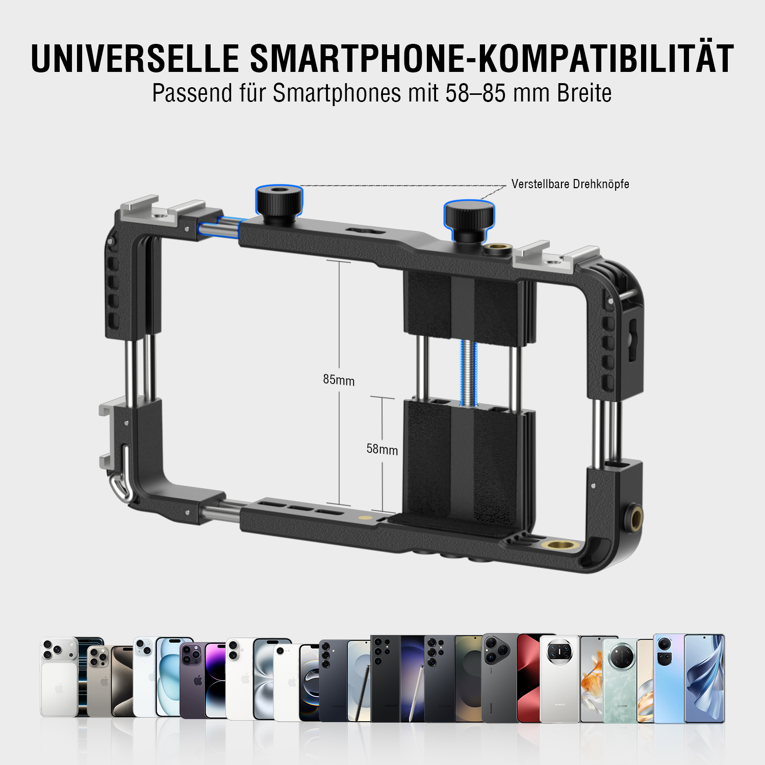 Verstellbare Smartphone Halterung passend für Geräte von 58 bis 85 mm Breite