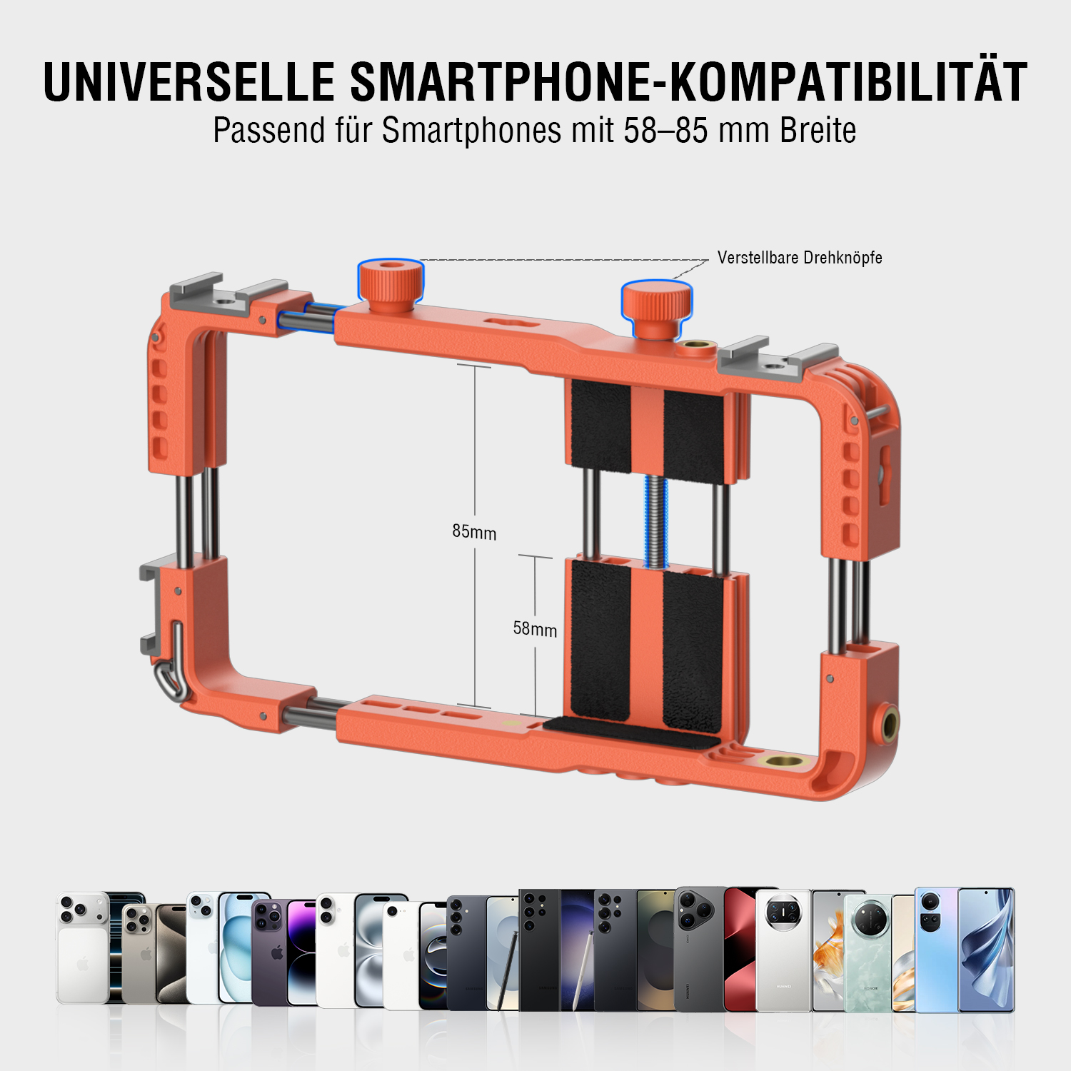 Verstellbare Smartphone Halterung passend für Geräte von 58 bis 85 mm Breite
